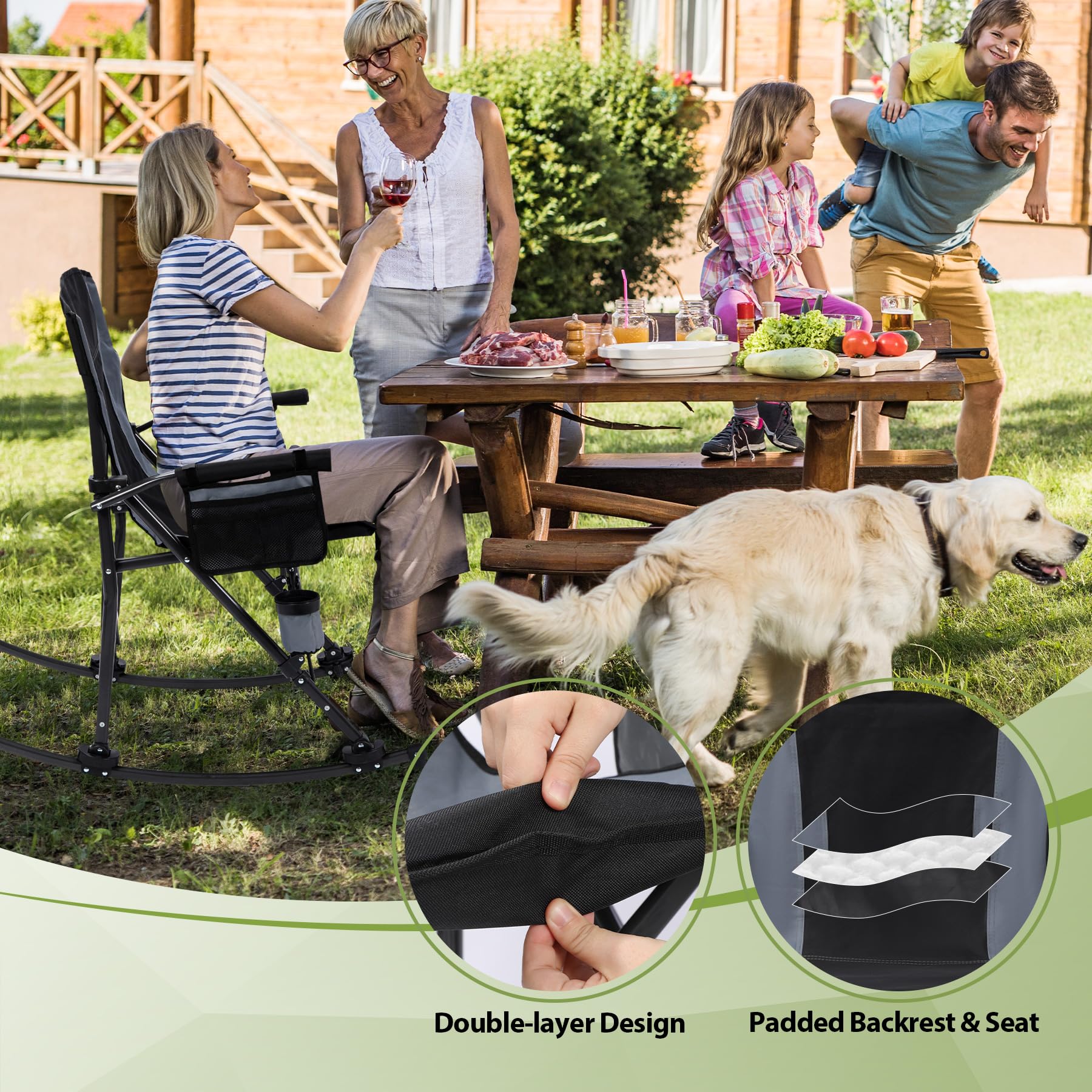 Rocking Camping Chair Portable Outdoor Rocker with High Back and Cup Holder
