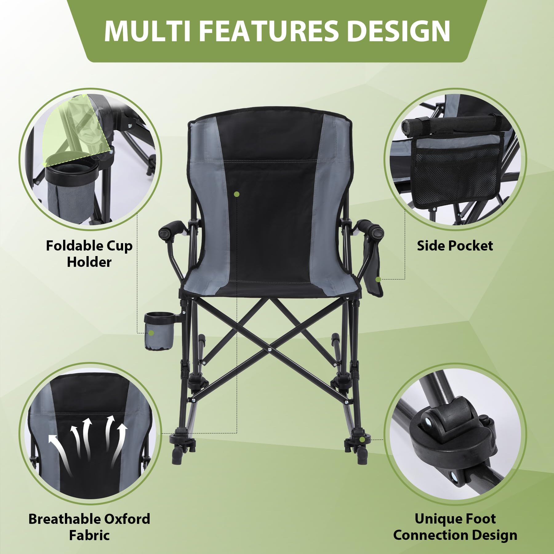 Rocking Camping Chair Portable Outdoor Rocker with High Back and Cup Holder