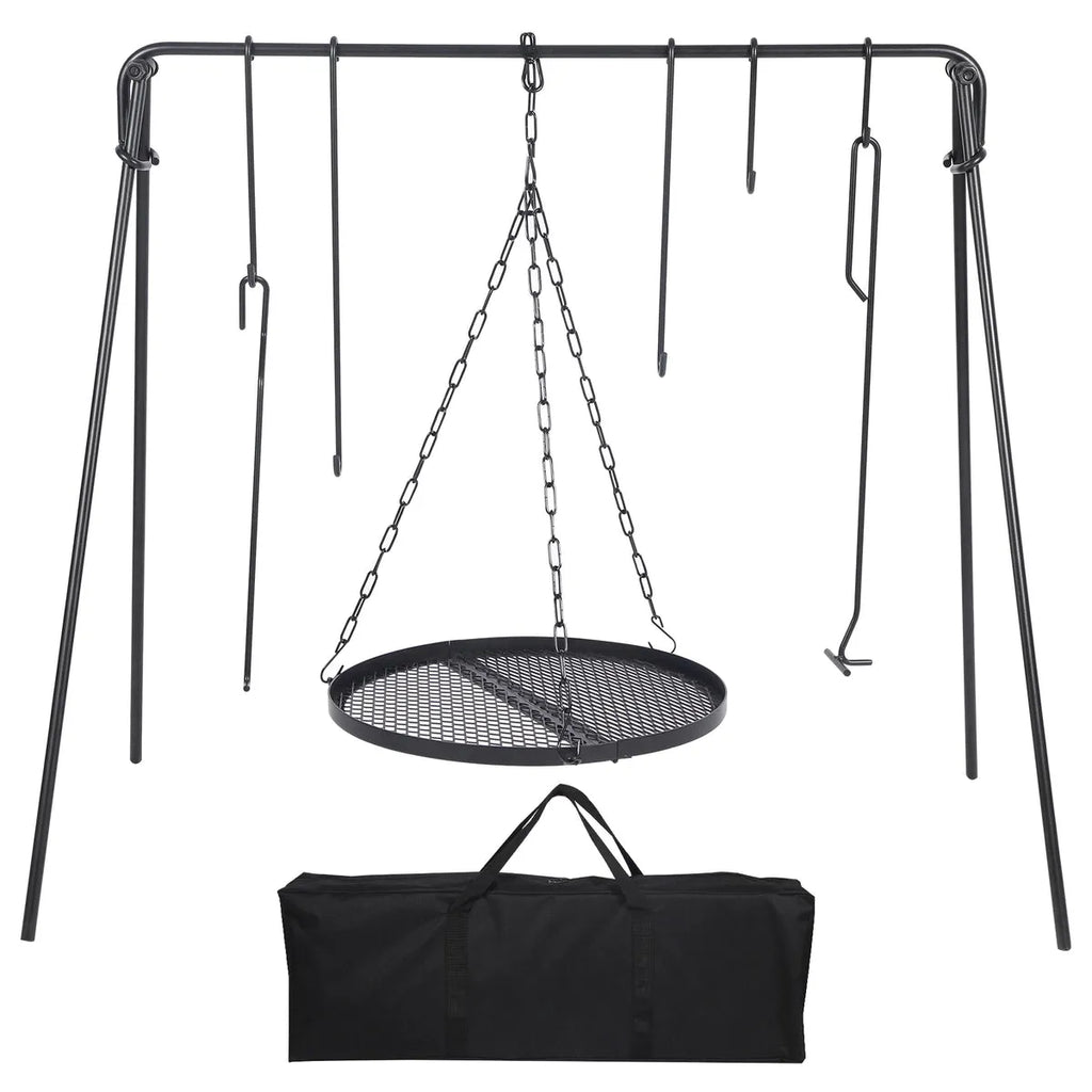 Portable Hanging Campfire Swing Grill Stand with Dutch Oven Lid Lifter & Hooks For Outdoor Cooking