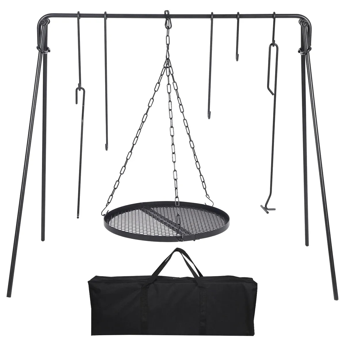 Portable Hanging Campfire Swing Grill Stand with Dutch Oven Lid Lifter & Hooks For Outdoor Cooking
