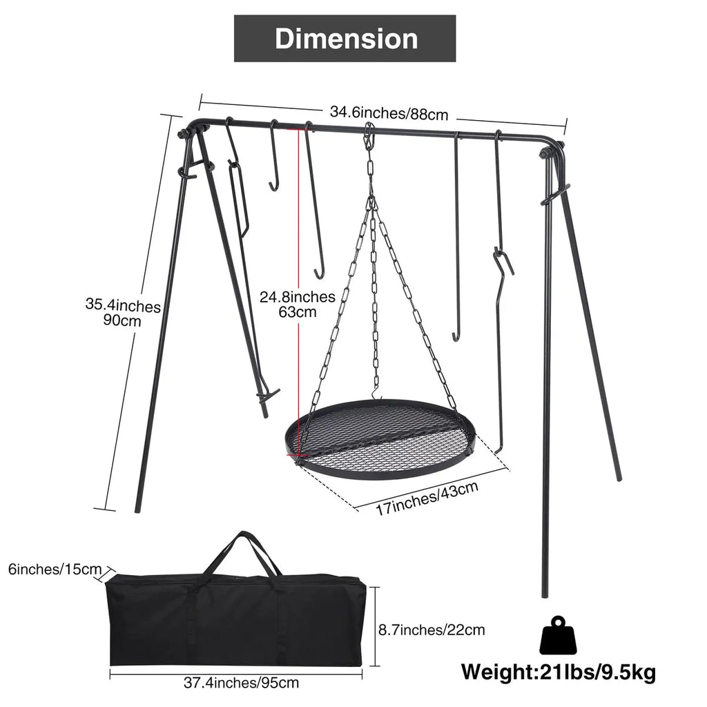 Portable Hanging Campfire Swing Grill Stand with Dutch Oven Lid Lifter & Hooks For Outdoor Cooking