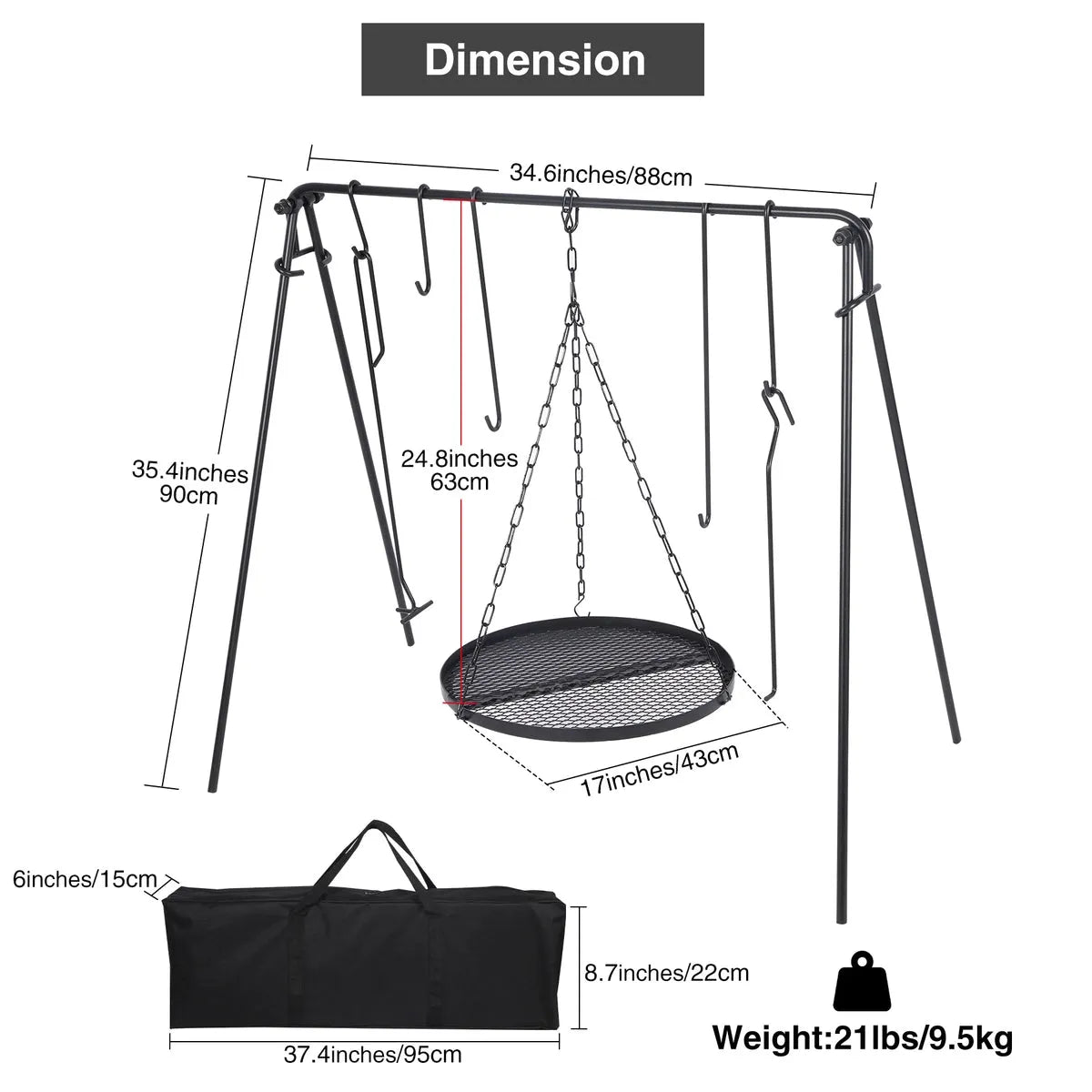 Portable Hanging Campfire Swing Grill Stand with Dutch Oven Lid Lifter & Hooks For Outdoor Cooking