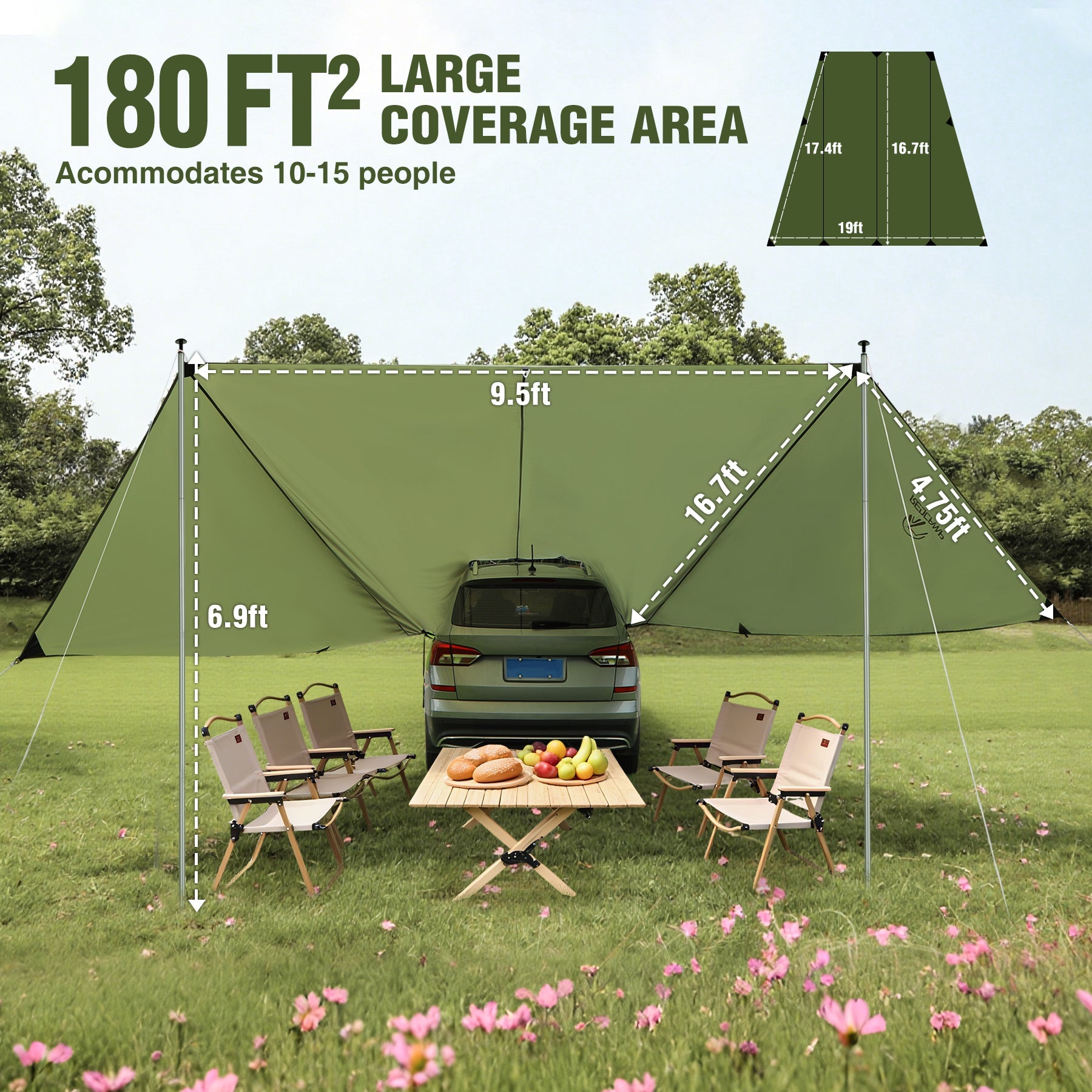 Car Awning Camping Tarp, 19x 17ft Shade