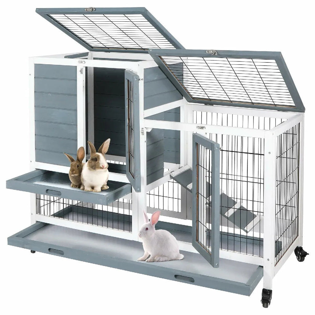 Wooden Rabbit Hutch with Wheels and Openable Roof