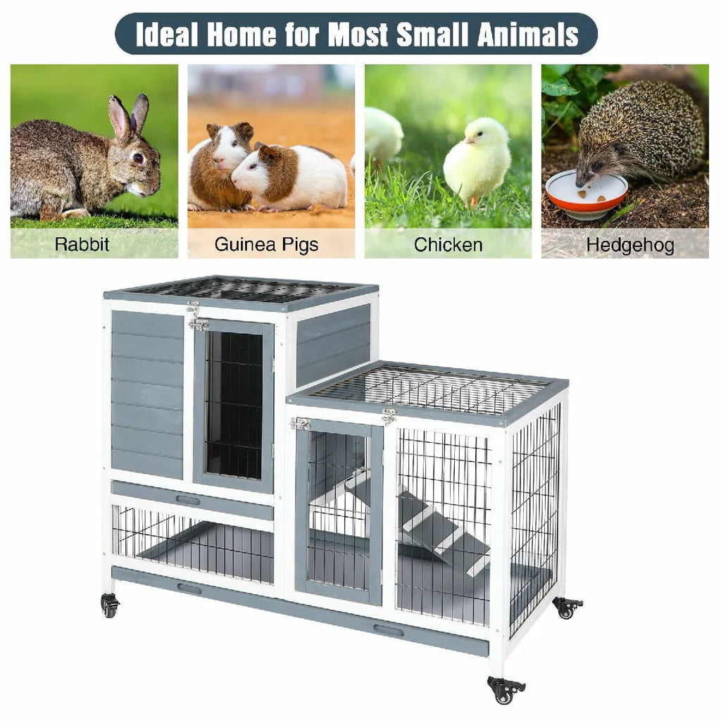 Wooden Rabbit Hutch with Wheels and Openable Roof