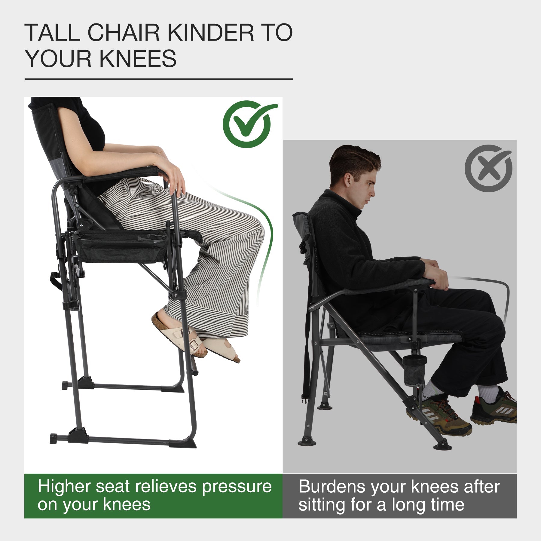 Extra Tall Folding Chair, Bar Height Foldable Director Chairs for Adults with High Back and Hard Arms, Support 330lbs