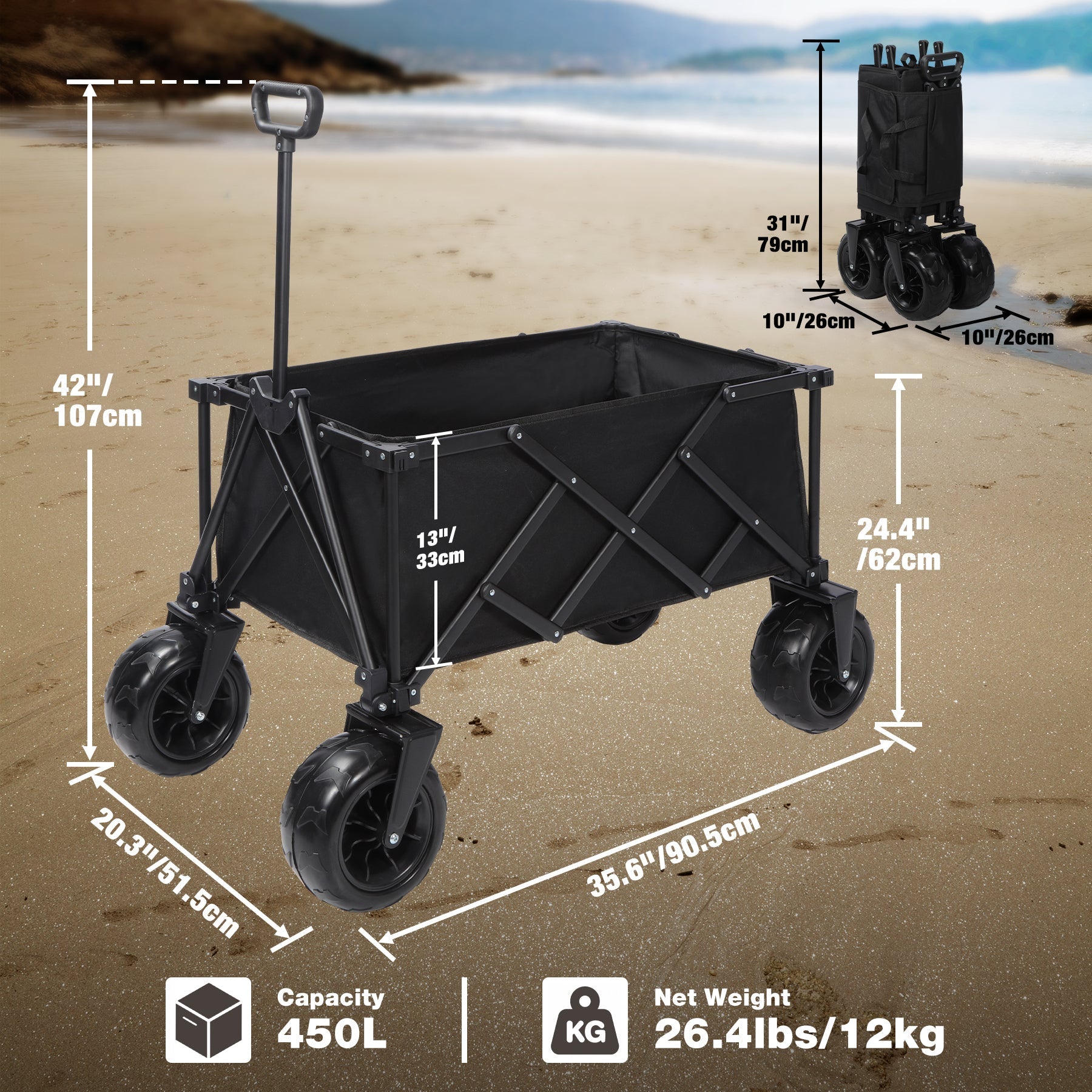 Beach Wagon with Big Wheels for Sand, 9" All Terrain Tires Collapsible Wagon