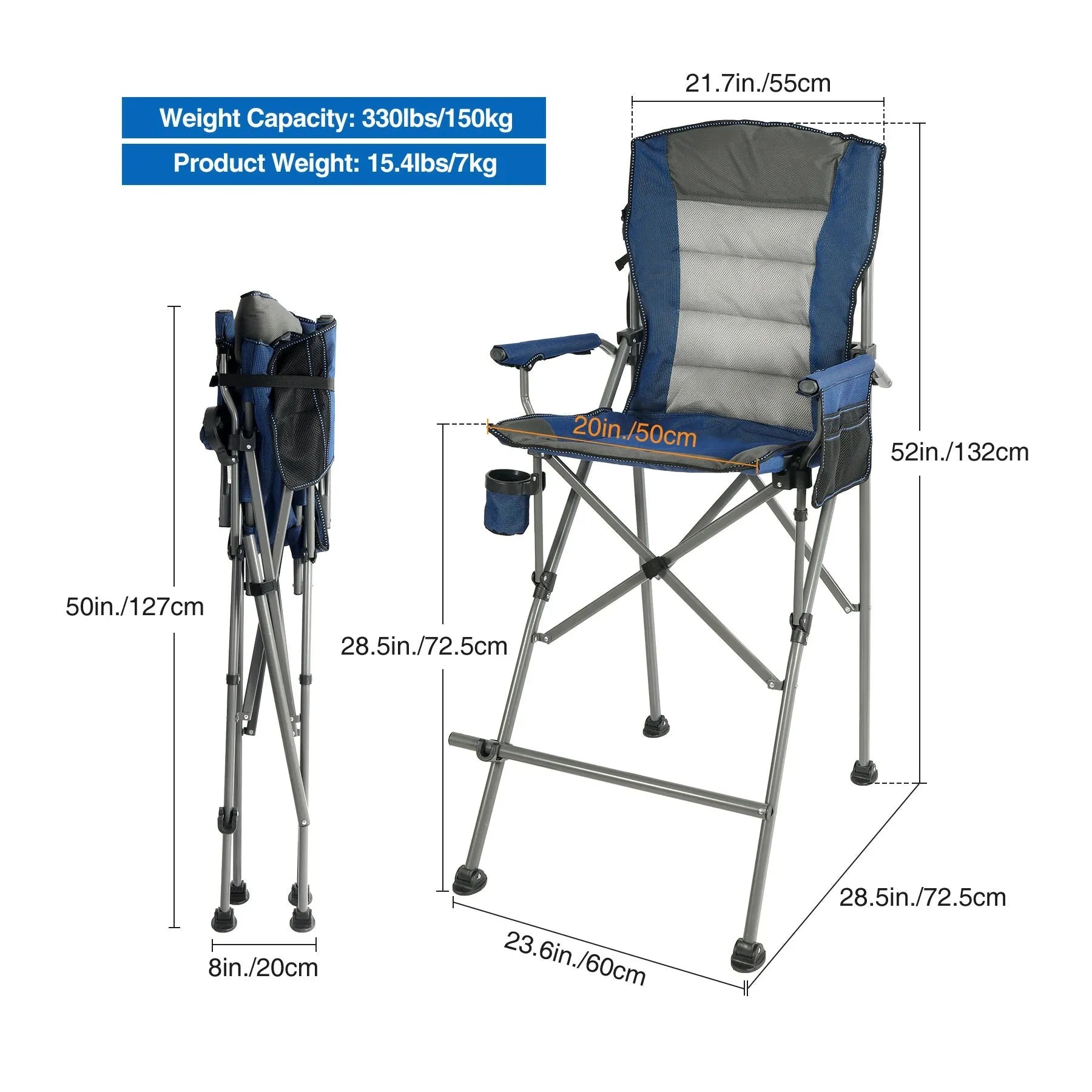 Extra Tall Folding Chair, Bar Height Foldable Director Chairs for Adults with High Back and Hard Arms, Support 330lbs