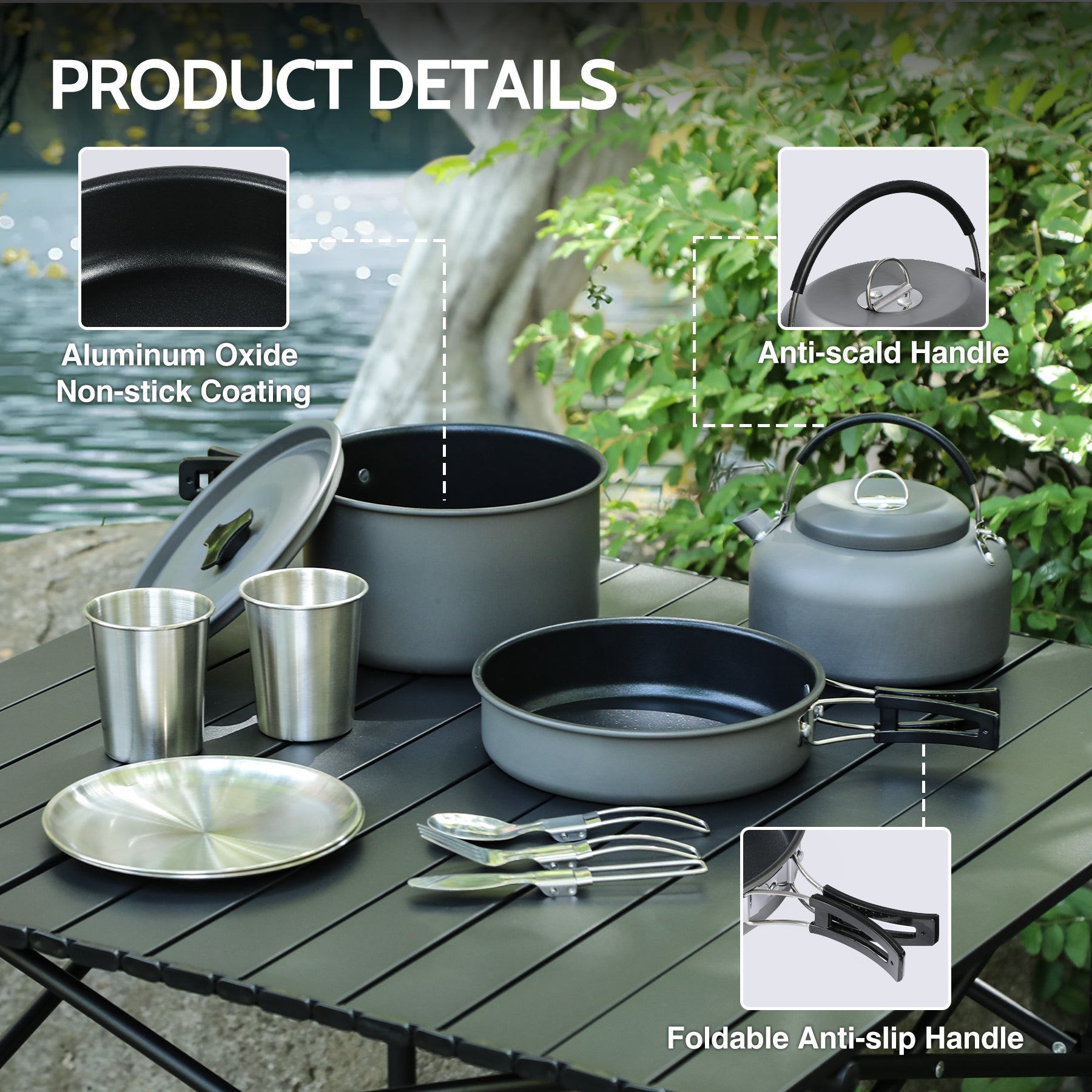 Camping Cookware Mess Kit, Backpacking Pot and Pan Set