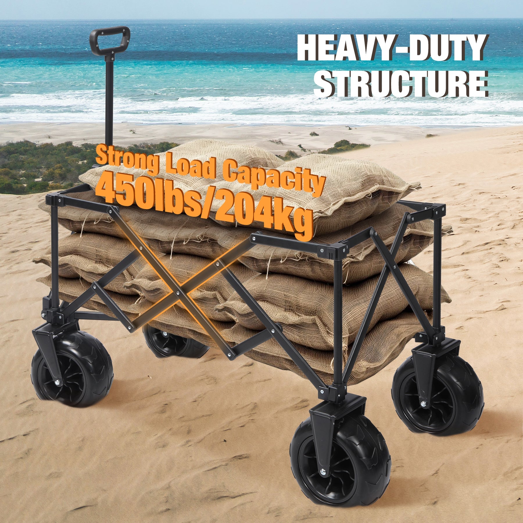 Beach Wagon with Big Wheels for Sand, 9" All Terrain Tires Collapsible Wagon