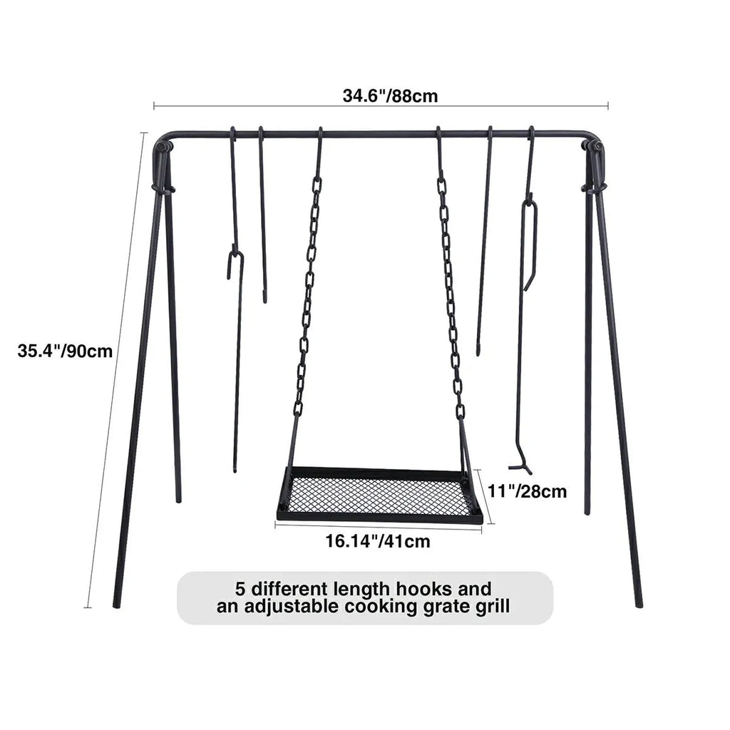Portable Hanging Campfire Swing Grill Stand with Dutch Oven Lid Lifter & Hooks For Outdoor Cooking