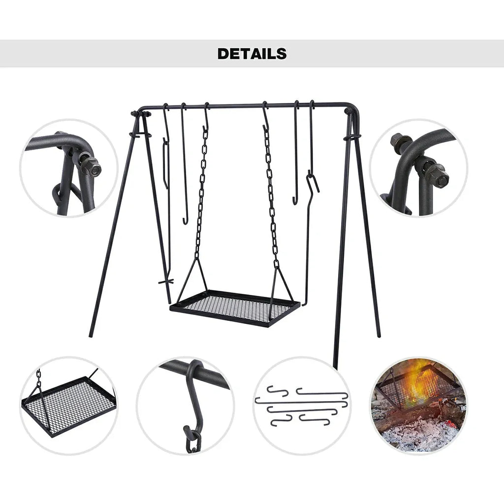 Portable Hanging Campfire Swing Grill Stand with Dutch Oven Lid Lifter & Hooks For Outdoor Cooking