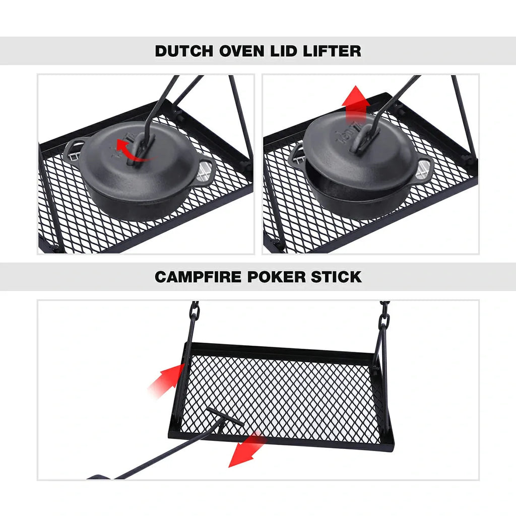 Portable Hanging Campfire Swing Grill Stand with Dutch Oven Lid Lifter & Hooks For Outdoor Cooking