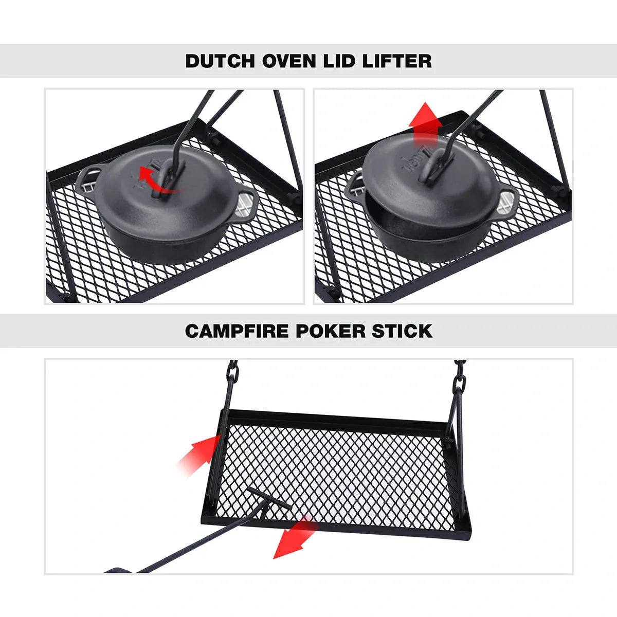 Portable Hanging Campfire Swing Grill Stand with Dutch Oven Lid Lifter & Hooks For Outdoor Cooking