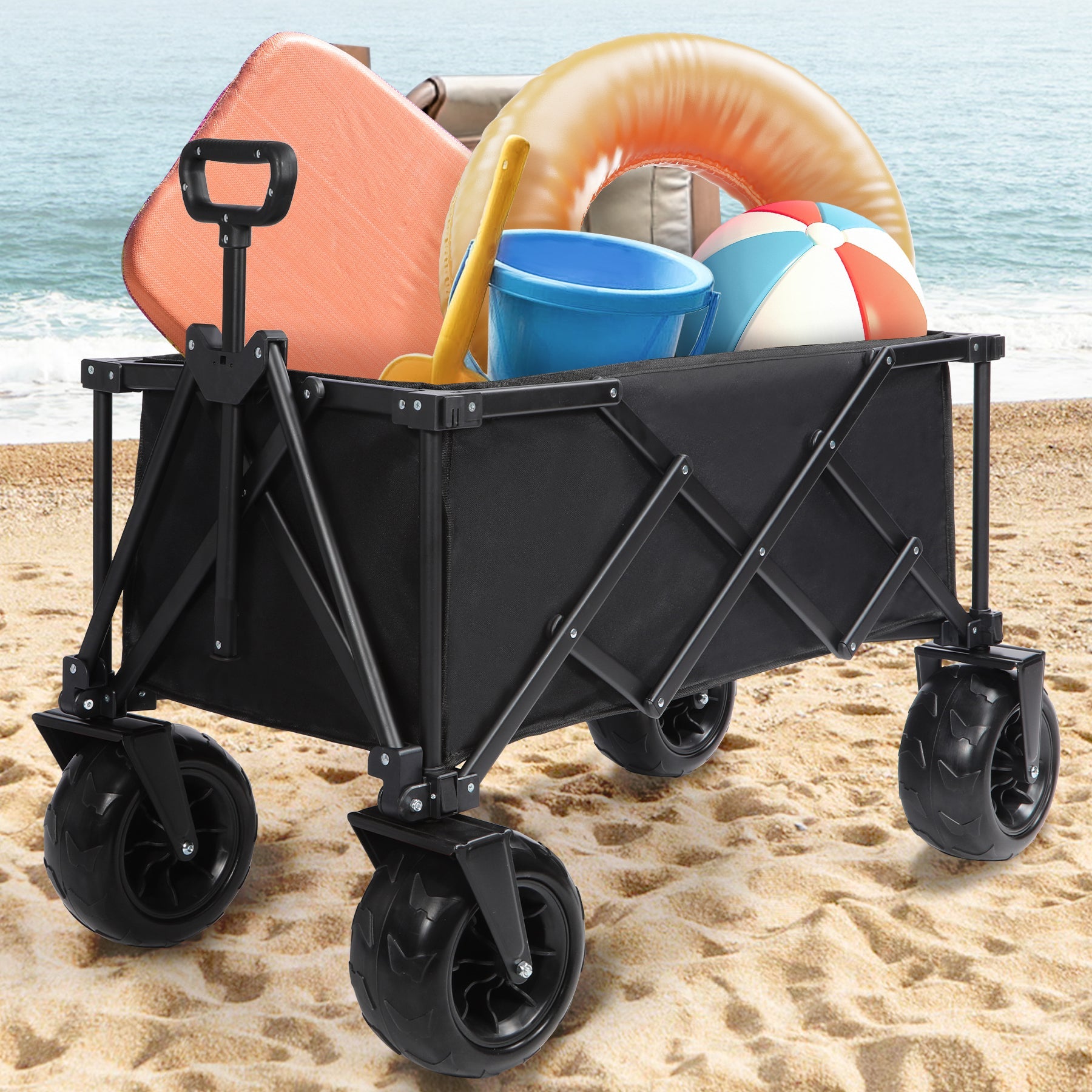 Beach Wagon with Big Wheels for Sand, 9" All Terrain Tires Collapsible Wagon