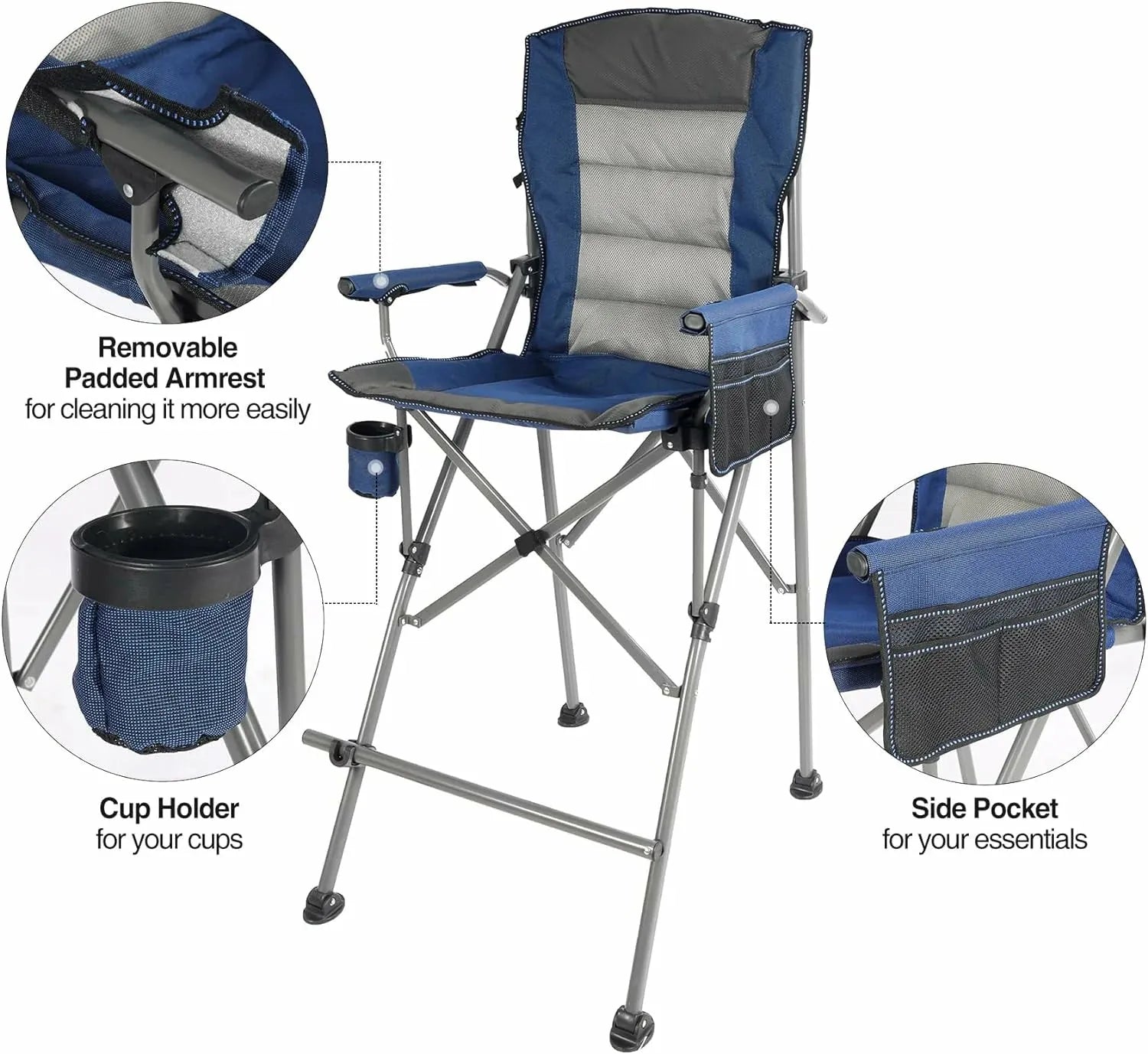 Extra Tall Folding Chair, Bar Height Foldable Director Chairs for Adults with High Back and Hard Arms, Support 330lbs