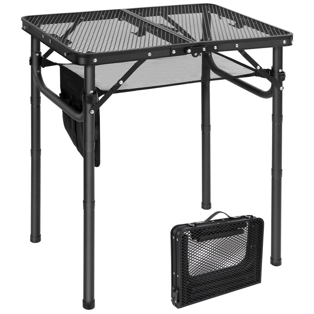 Folding Grill Table with Extra Space, Adjustable Height Portable Small Stand Table for Outdoor Indoor Camping Picnic BBQ, Black with Side Table