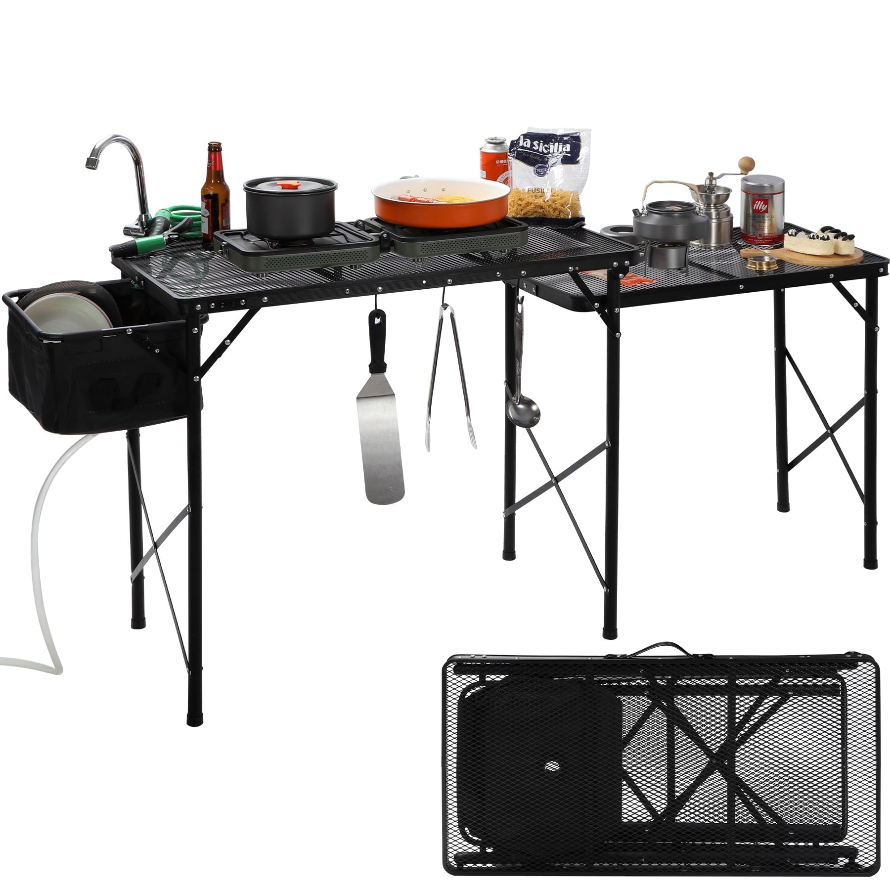 Folding Grill Table with Sink and Double Shelves