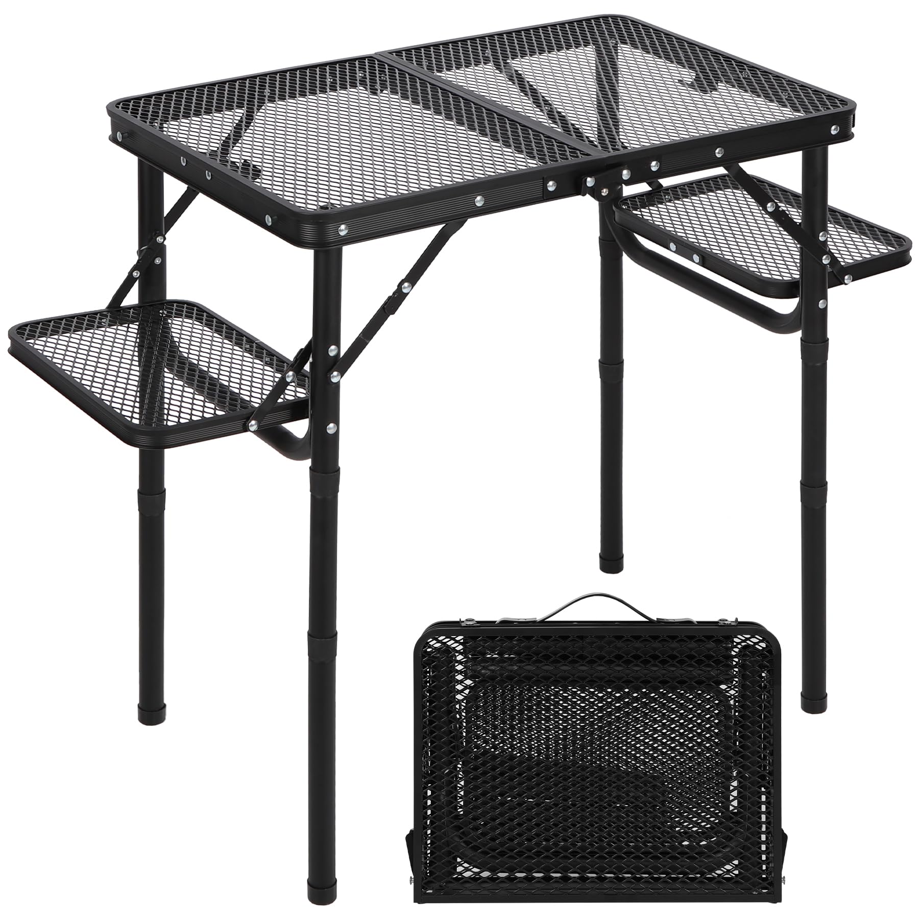 Folding Grill Table with Extra Space, Adjustable Height Portable Small Stand Table for Outdoor Indoor Camping Picnic BBQ, Black with Side Table