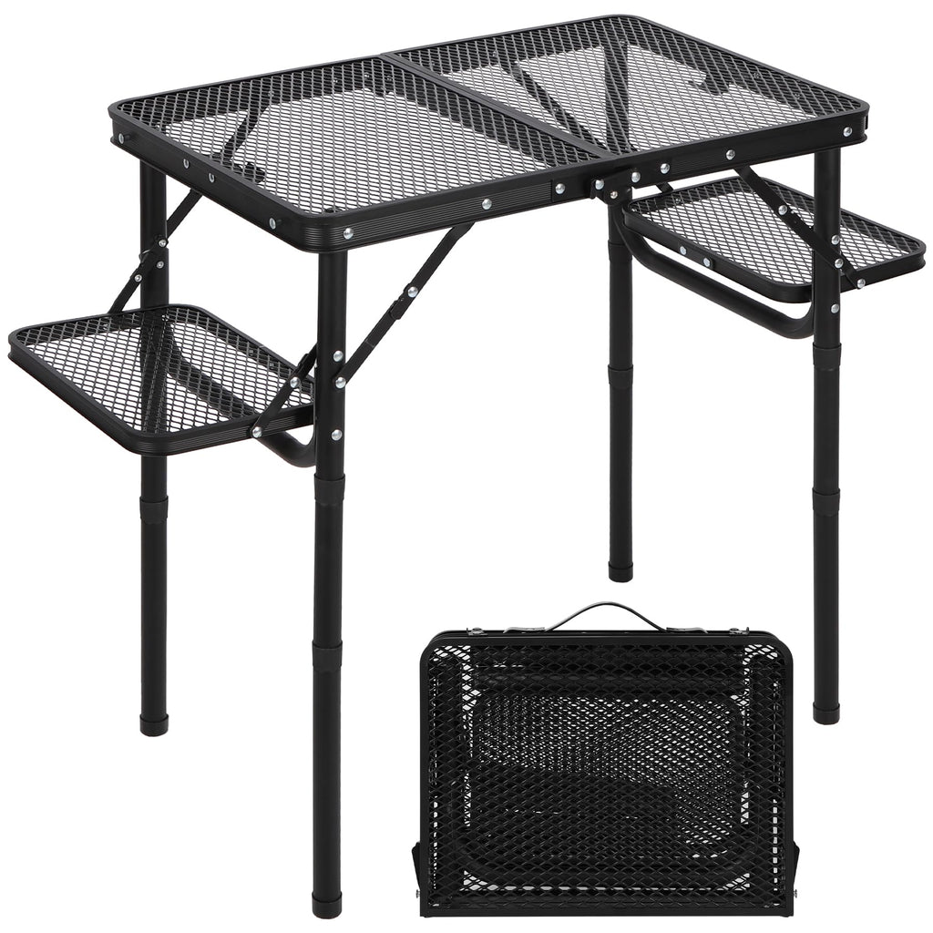 Folding Grill Table with Extra Space, Adjustable Height Portable Small Stand Table for Outdoor Indoor Camping Picnic BBQ, Black with Side Table