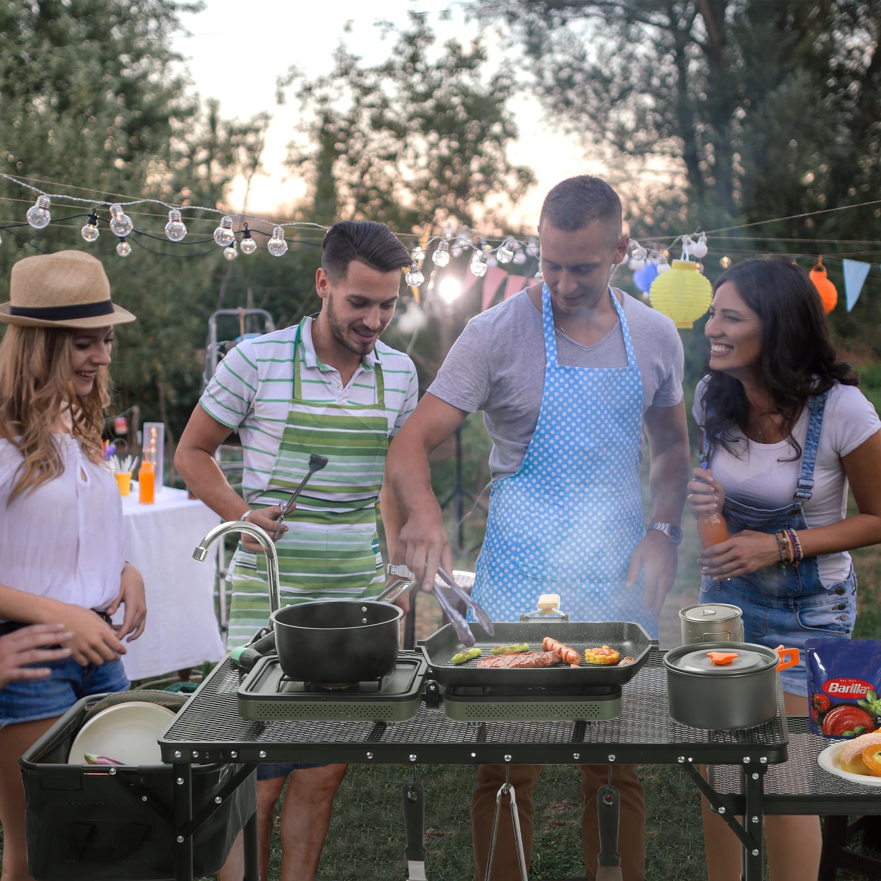 Folding Grill Table with Sink and Double Shelves