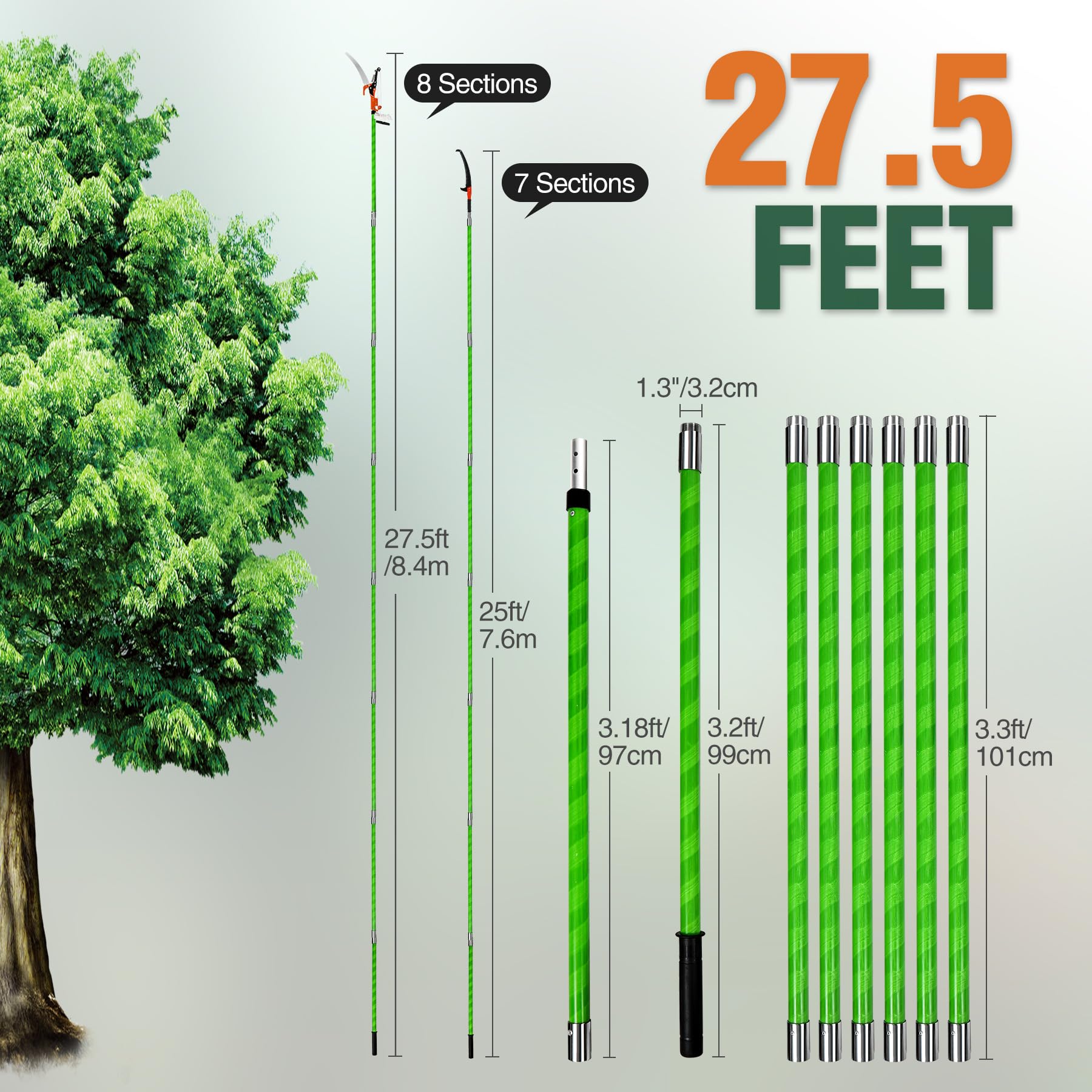Manual Pole Saw, 27ft Extendable Tree Pruner, Sharp Steel Blade and Scissors High Branches Trimming