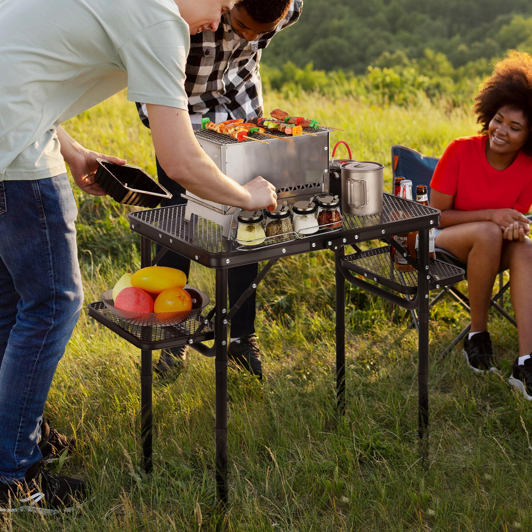 Folding Grill Table with Extra Space, Adjustable Height Portable Small Stand Table for Outdoor Indoor Camping Picnic BBQ, Black with Side Table