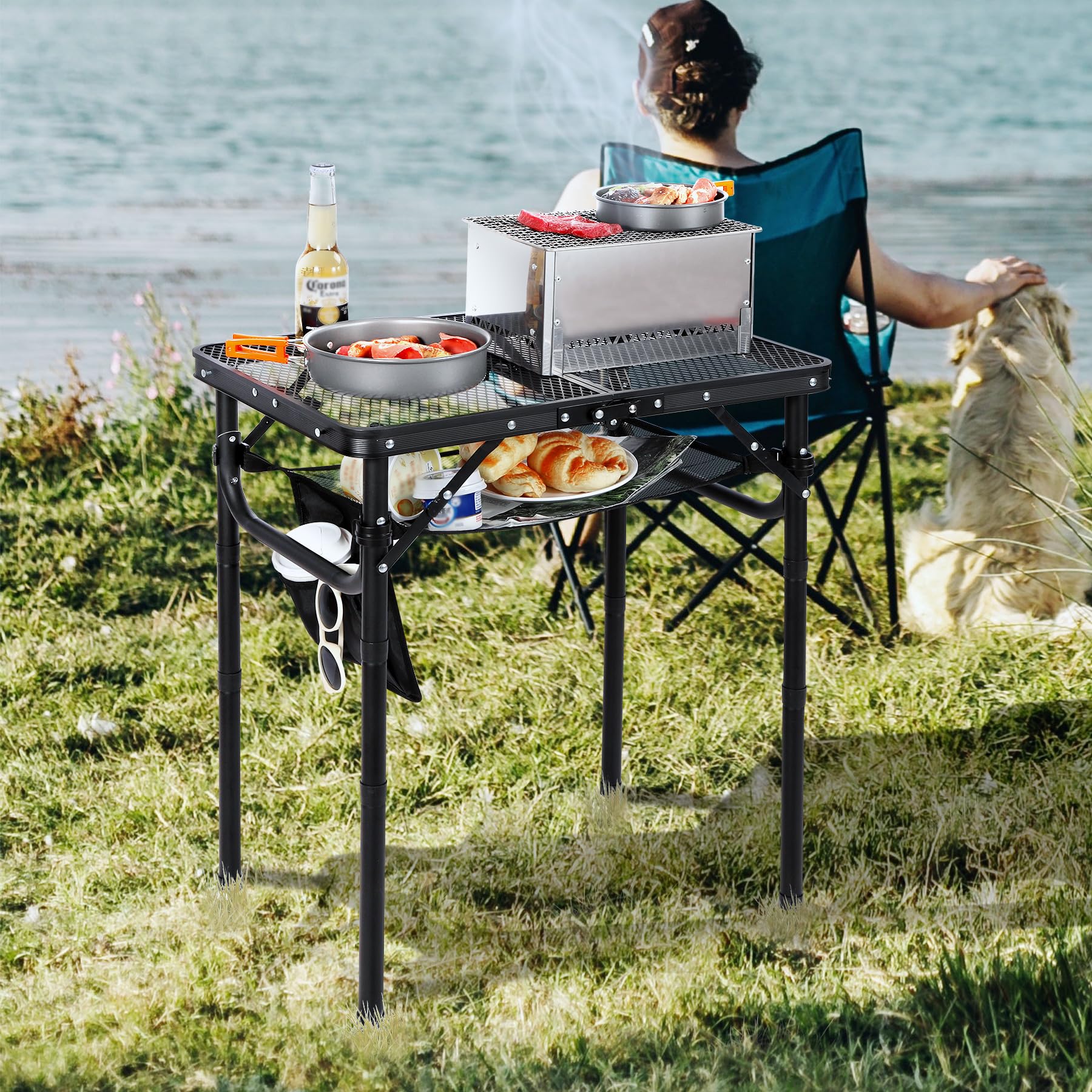 Folding Grill Table with Extra Space, Adjustable Height Portable Small Stand Table for Outdoor Indoor Camping Picnic BBQ, Black with Side Table