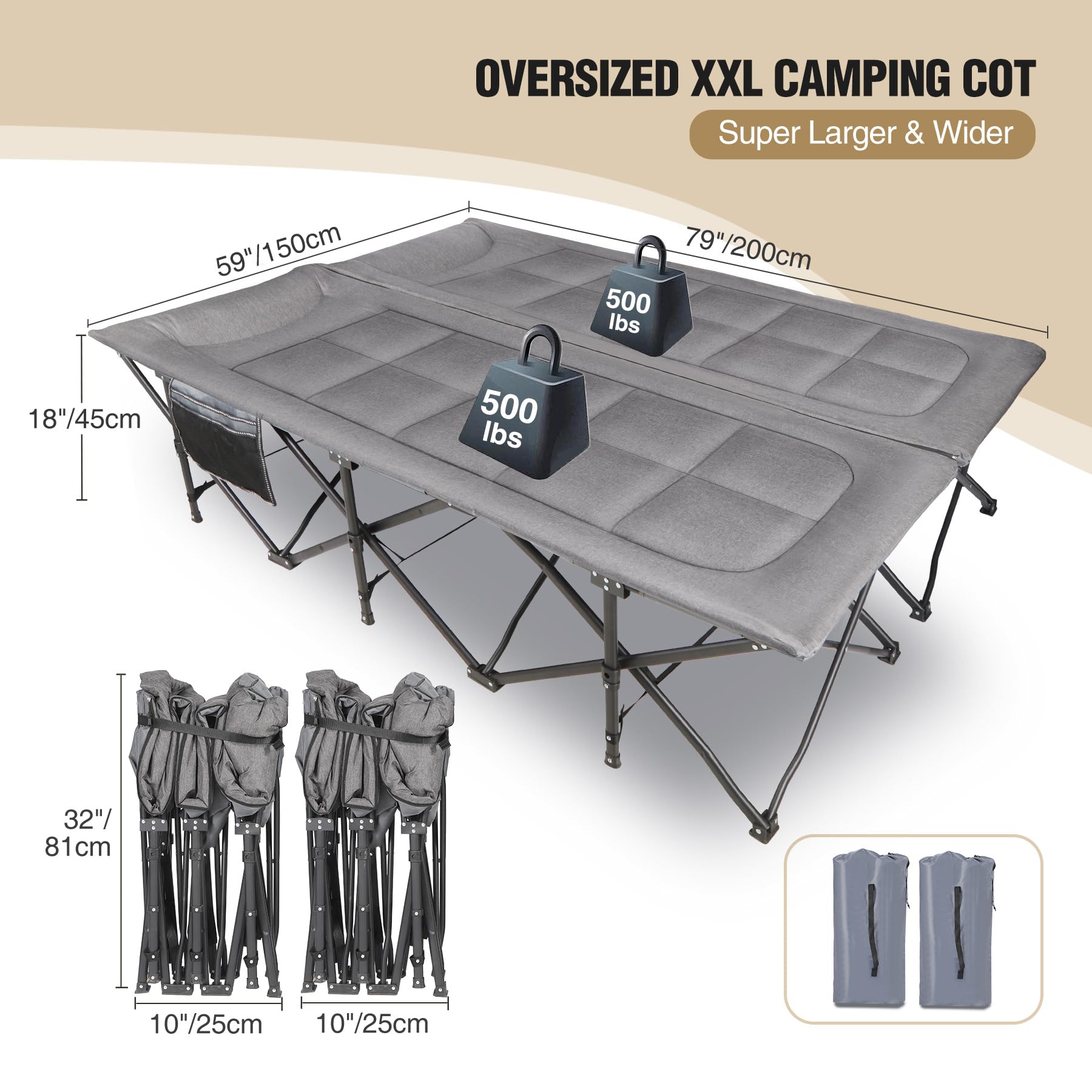 2 Person Folding Camping Cot, 59" Extra Wide with Mattress