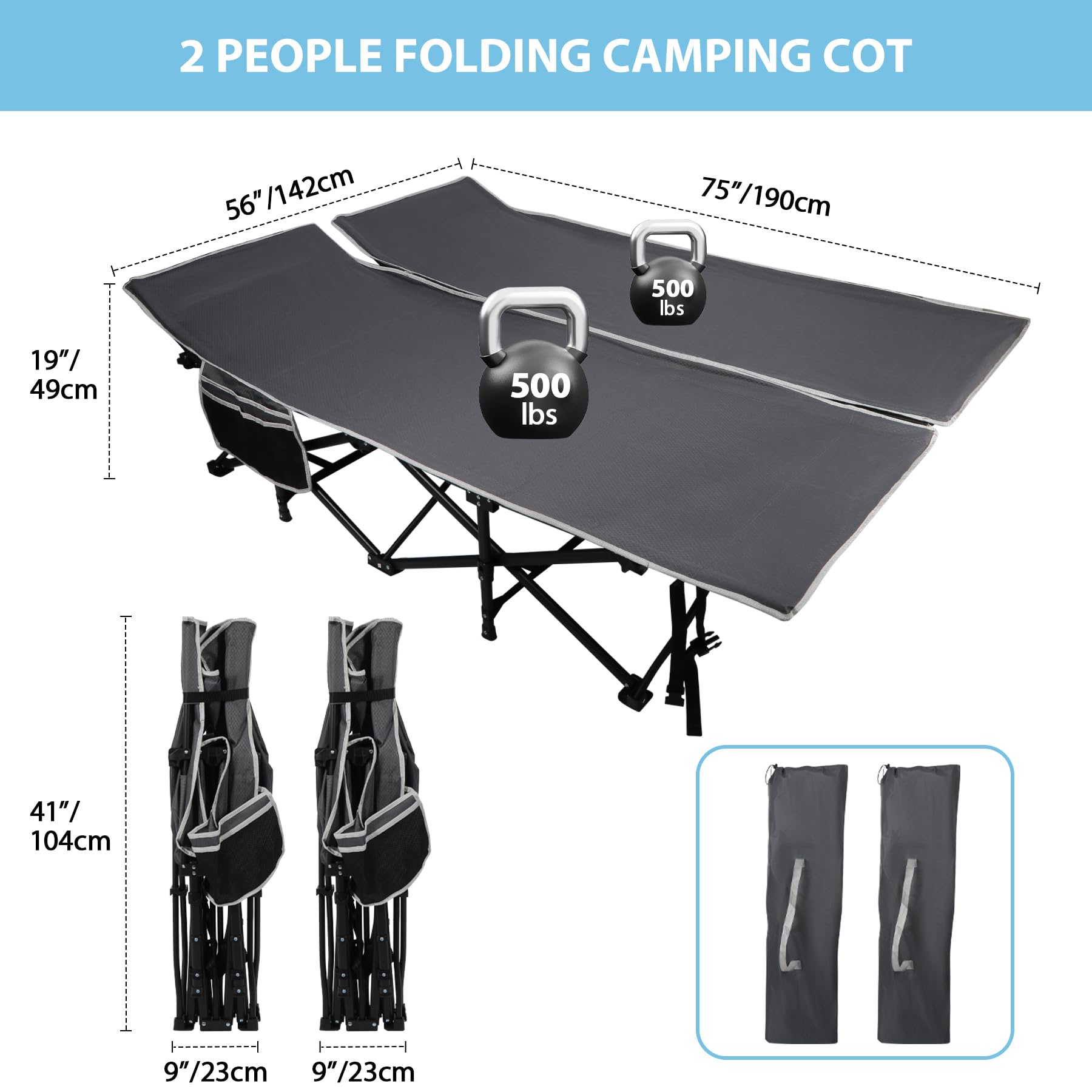 2 Person Folding Camping Cot, 56" Extra Wide