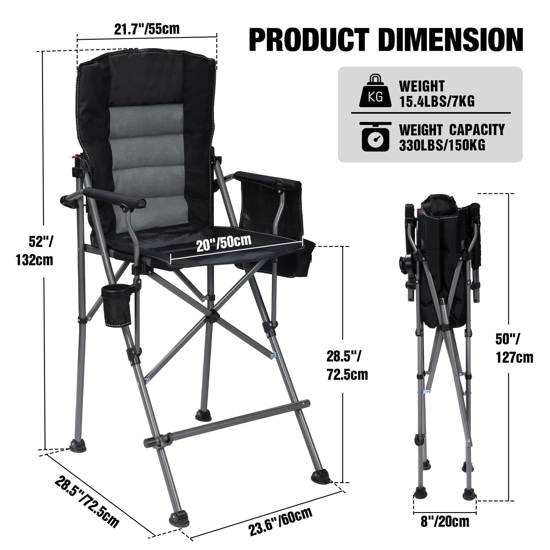 Extra Tall Folding Chair with Adjustable Backrest for Adults 330lbs