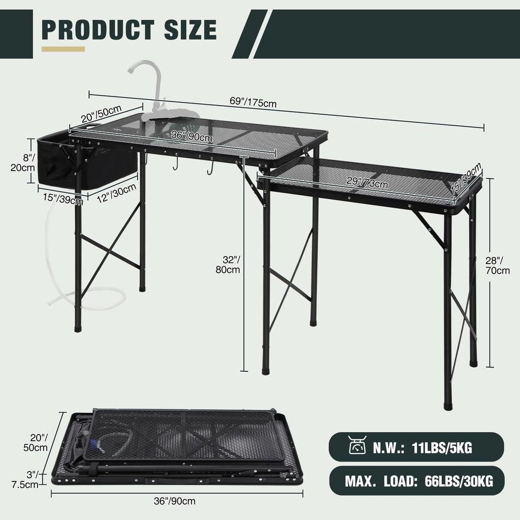 Folding Grill Table with Sink and Double Shelves