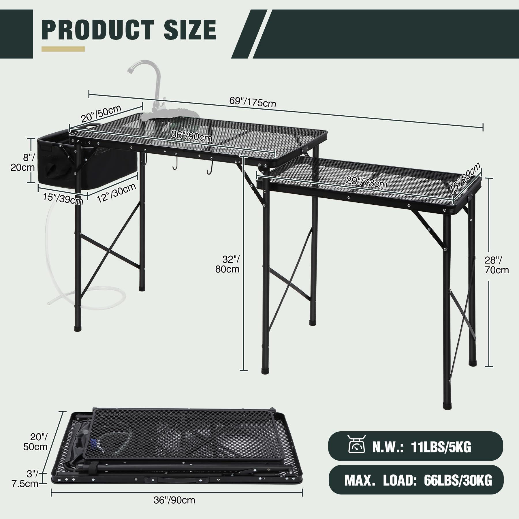 Folding Grill Table with Sink and Double Shelves