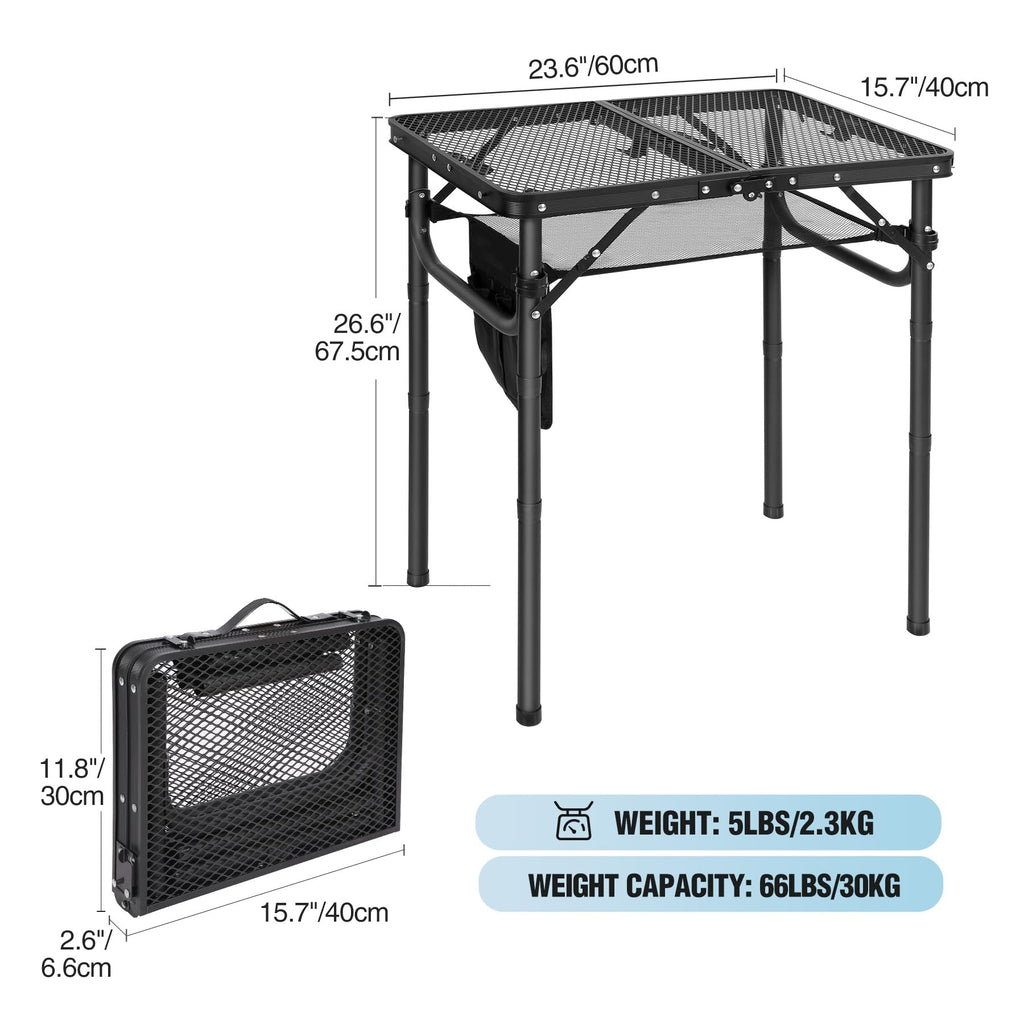 Folding Grill Table with Extra Space, Adjustable Height Portable Small Stand Table for Outdoor Indoor Camping Picnic BBQ, Black with Side Table