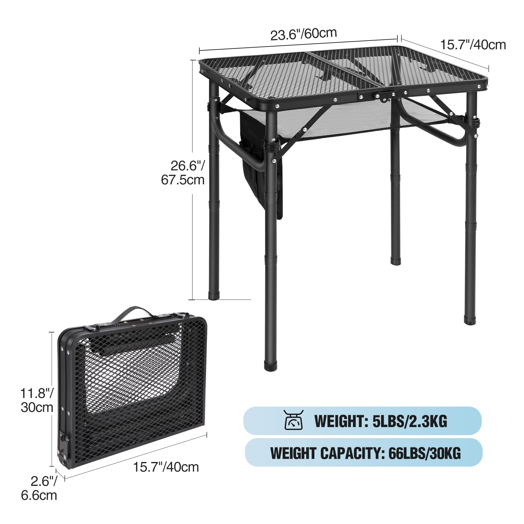 Folding Grill Table with Extra Space, Adjustable Height Portable Small Stand Table for Outdoor Indoor Camping Picnic BBQ, Black with Side Table