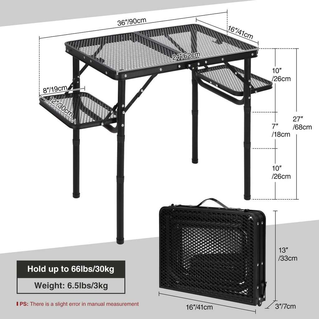 Folding Grill Table with Extra Space, Adjustable Height Portable Small Stand Table for Outdoor Indoor Camping Picnic BBQ, Black with Side Table