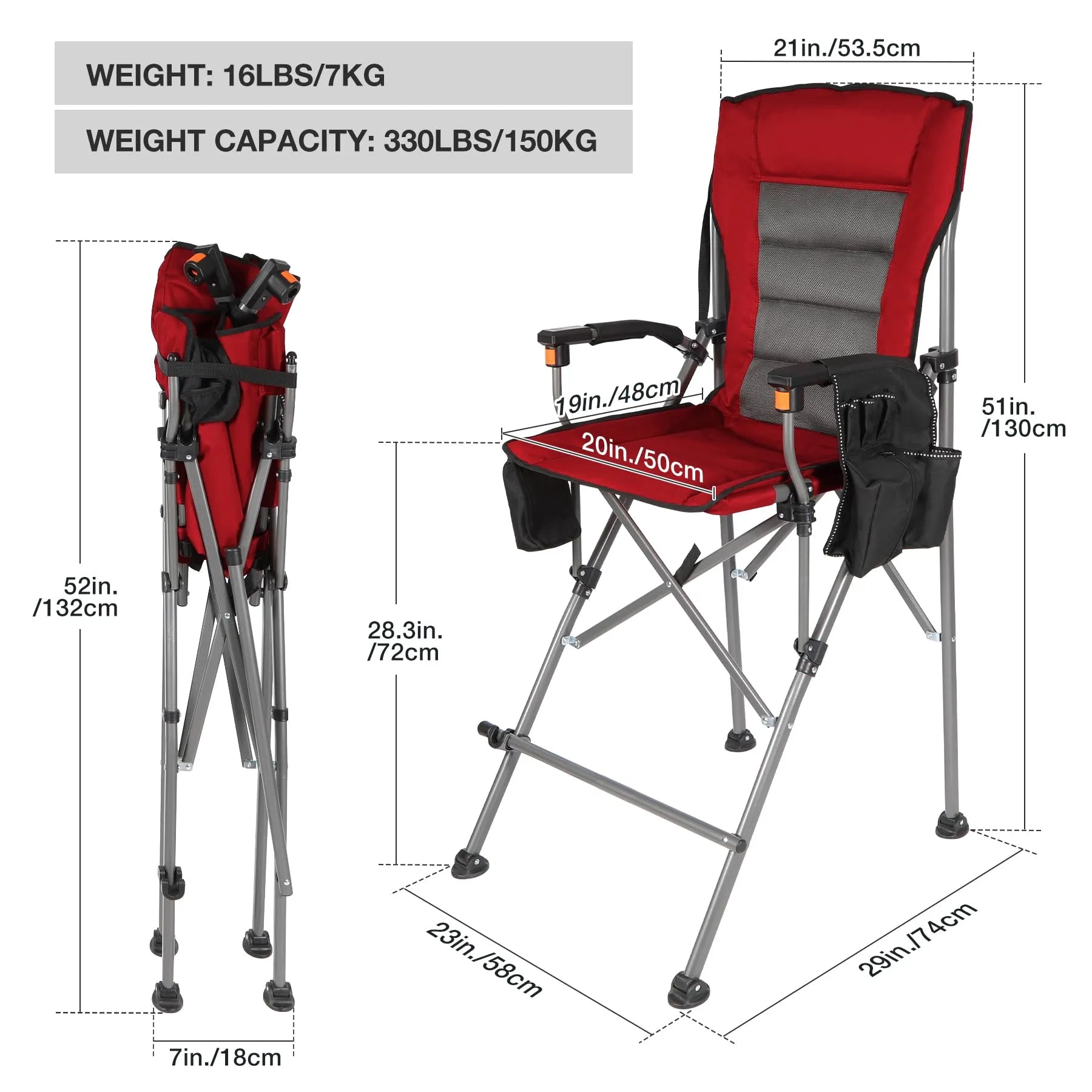 Extra Tall Folding Chair, Bar Height Foldable Director Chairs for Adults with High Back and Hard Arms, Support 330lbs