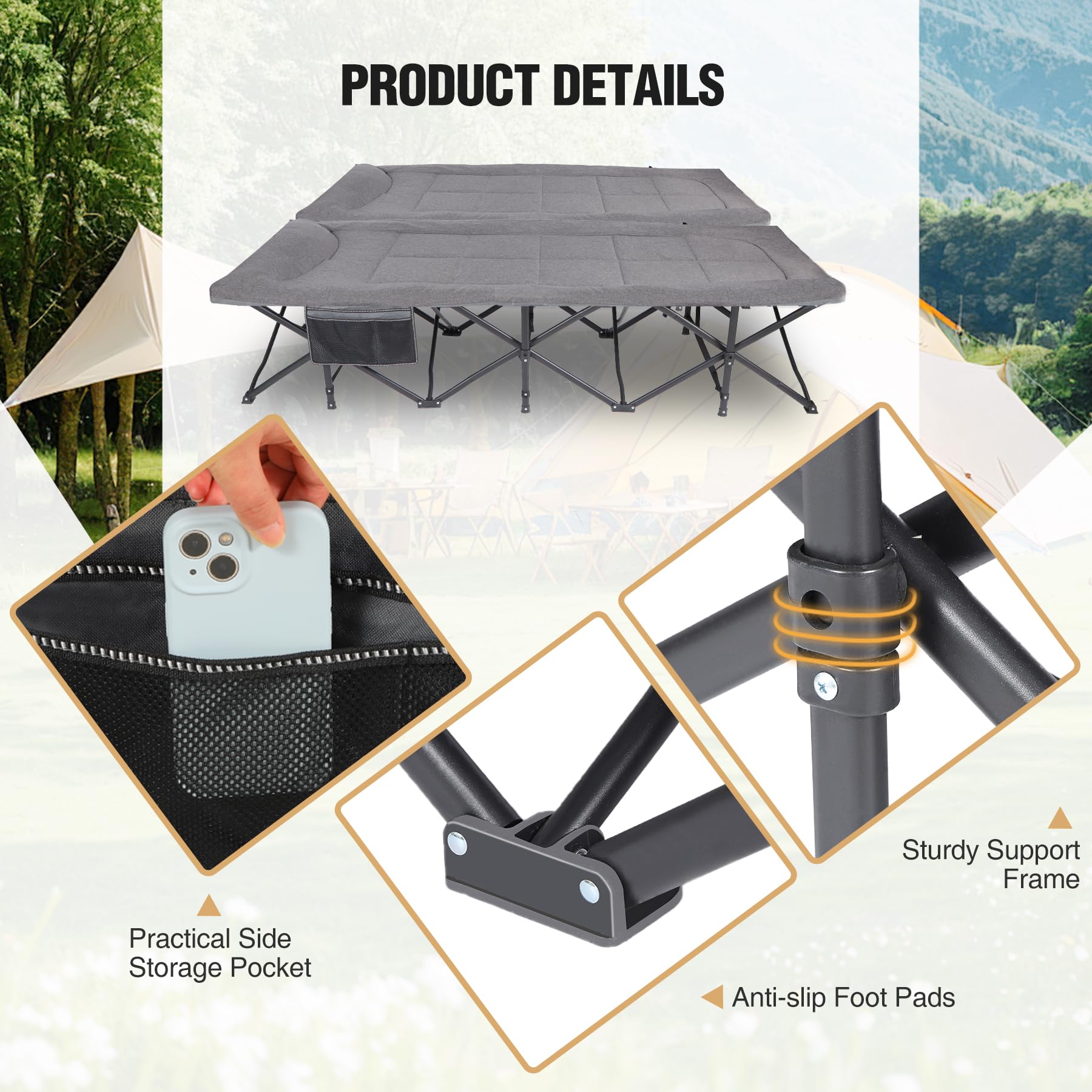 2 Person Folding Camping Cot, 59" Extra Wide with Mattress