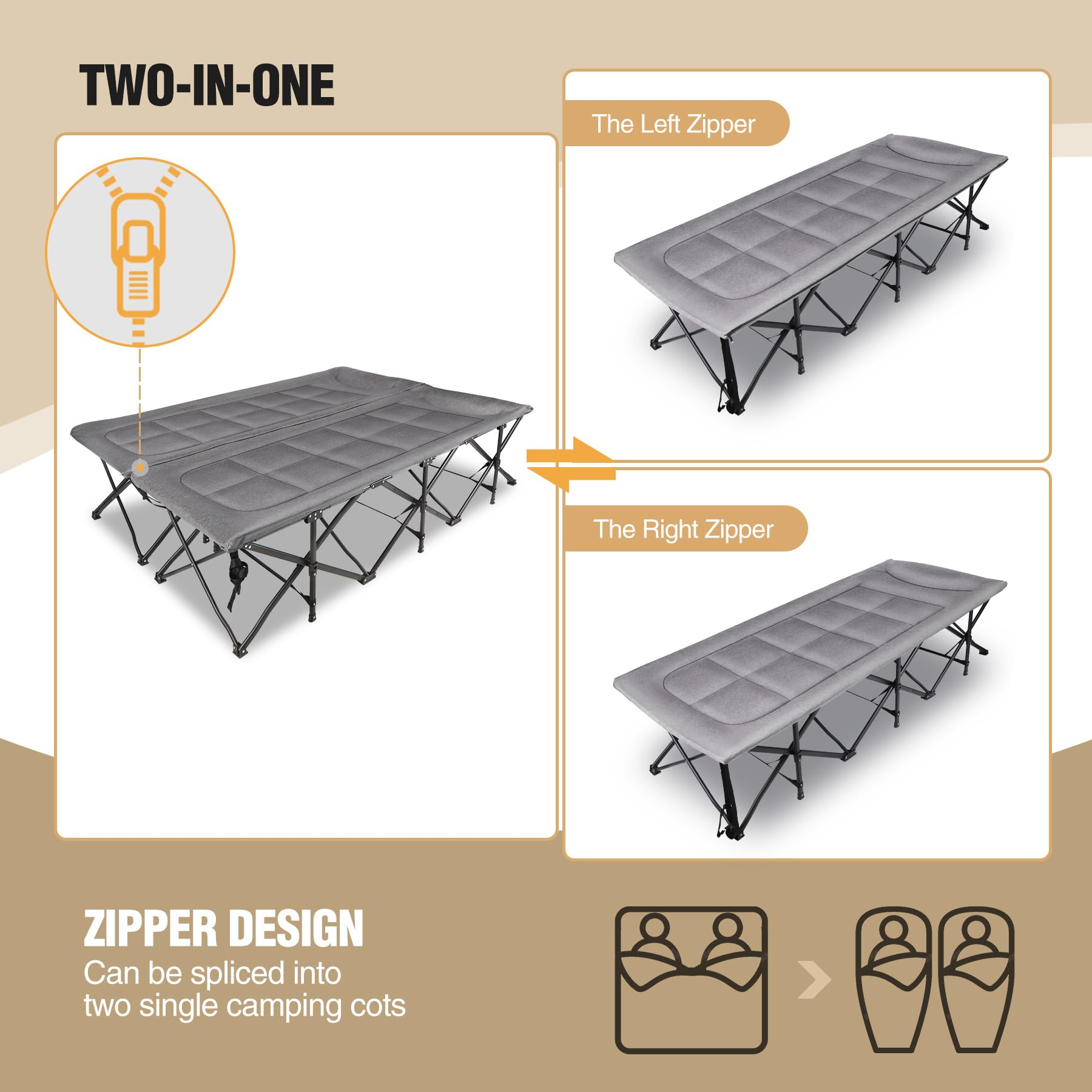 2 Person Folding Camping Cot, 59" Extra Wide with Mattress
