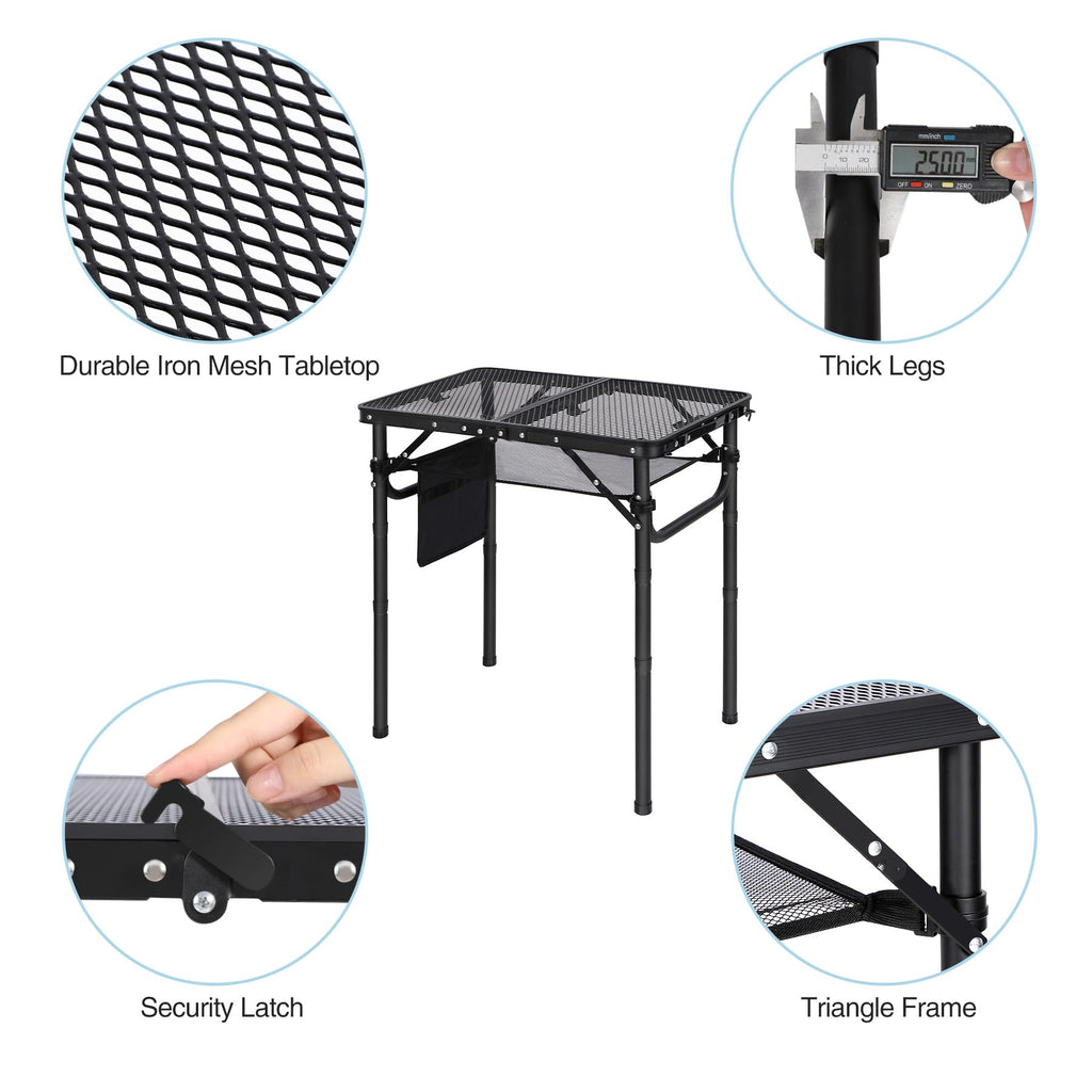 Folding Grill Table with Extra Space, Adjustable Height Portable Small Stand Table for Outdoor Indoor Camping Picnic BBQ, Black with Side Table