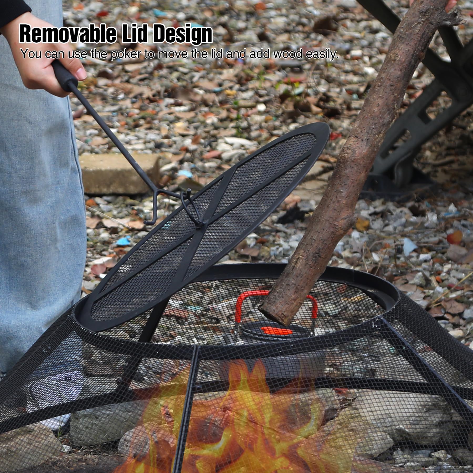 30" Fire Pit Spark Screen with Mesh Lid Cover, Handle and Poker