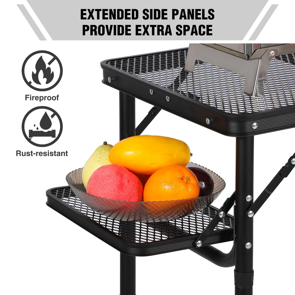 Folding Grill Table with Extra Space, Adjustable Height Portable Small Stand Table for Outdoor Indoor Camping Picnic BBQ, Black with Side Table