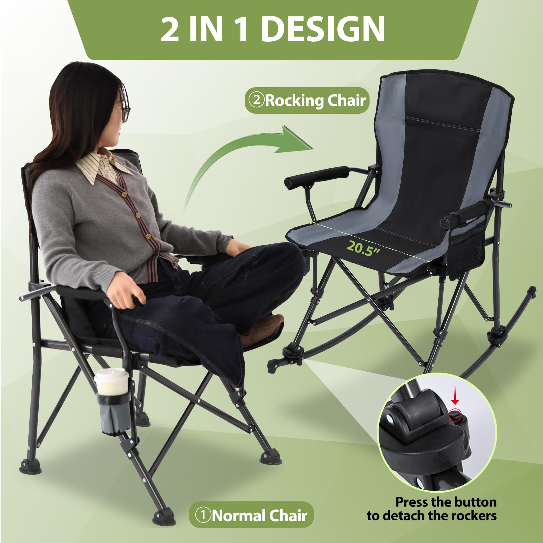 Rocking Camping Chair Portable Outdoor Rocker with High Back and Cup Holder
