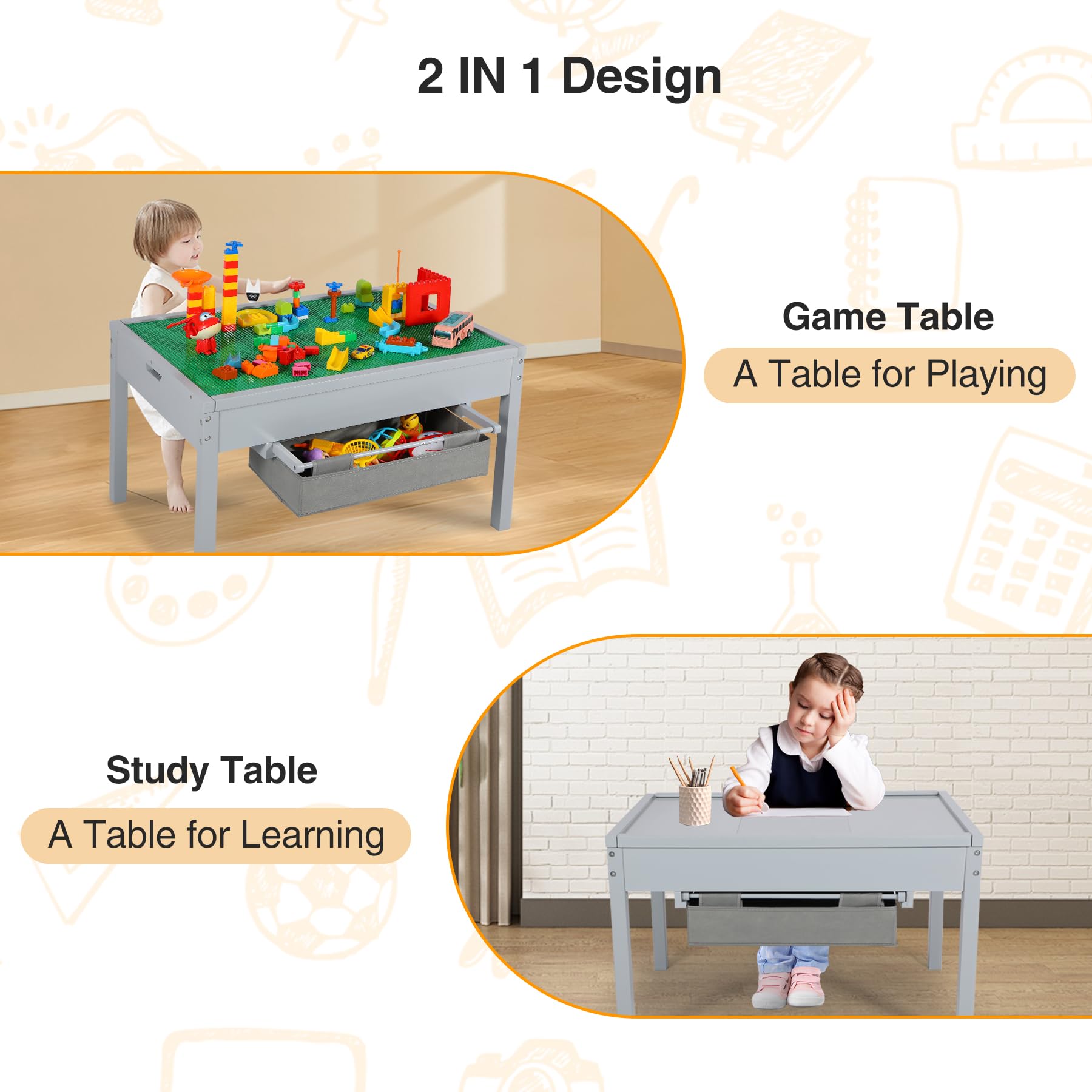 2 in 1 Kids Activity Table with Storage Drawers