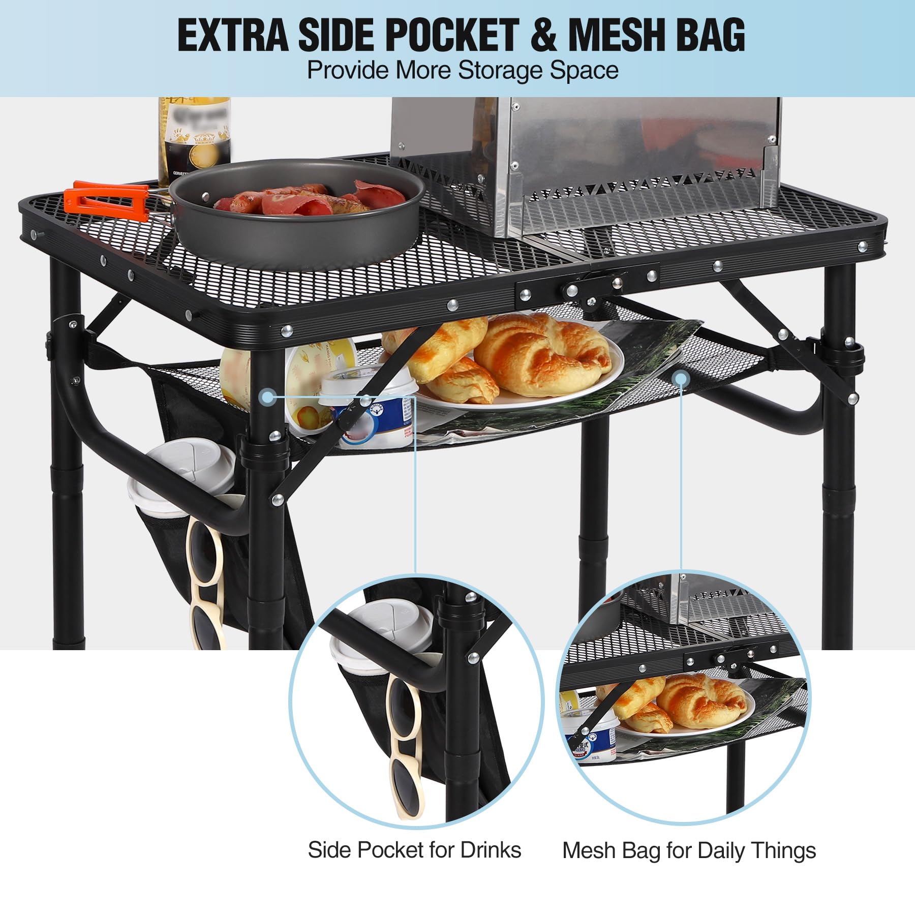 Folding Grill Table with Extra Space, Adjustable Height Portable Small Stand Table for Outdoor Indoor Camping Picnic BBQ, Black with Side Table