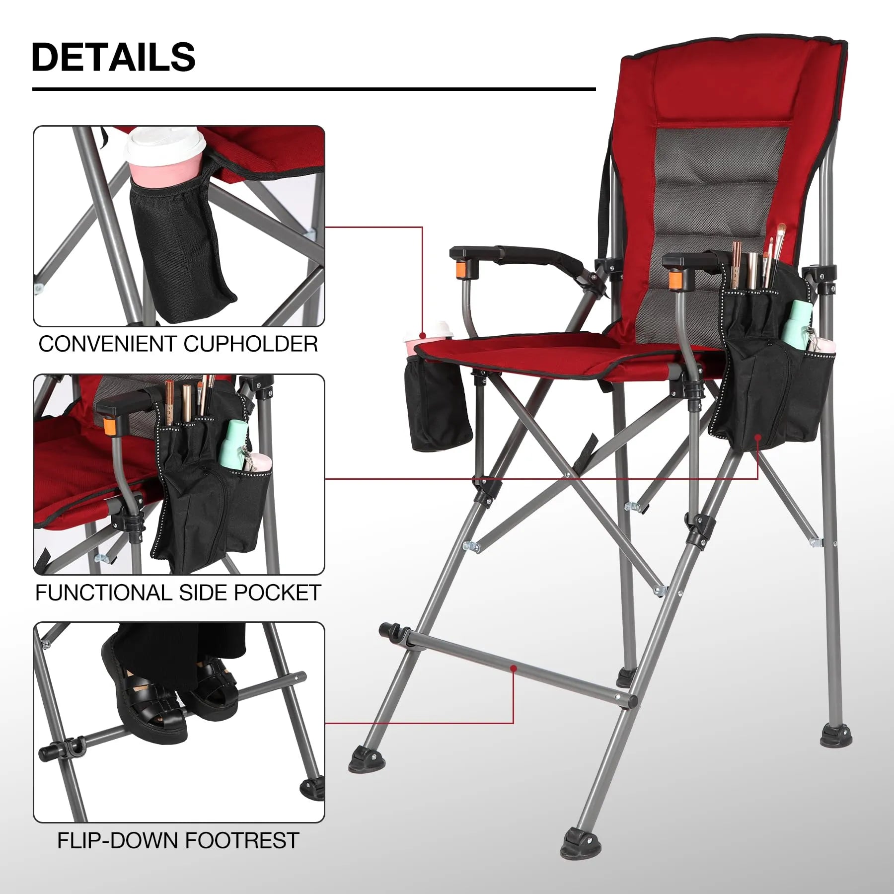 Extra Tall Folding Chair, Bar Height Foldable Director Chairs for Adults with High Back and Hard Arms, Support 330lbs