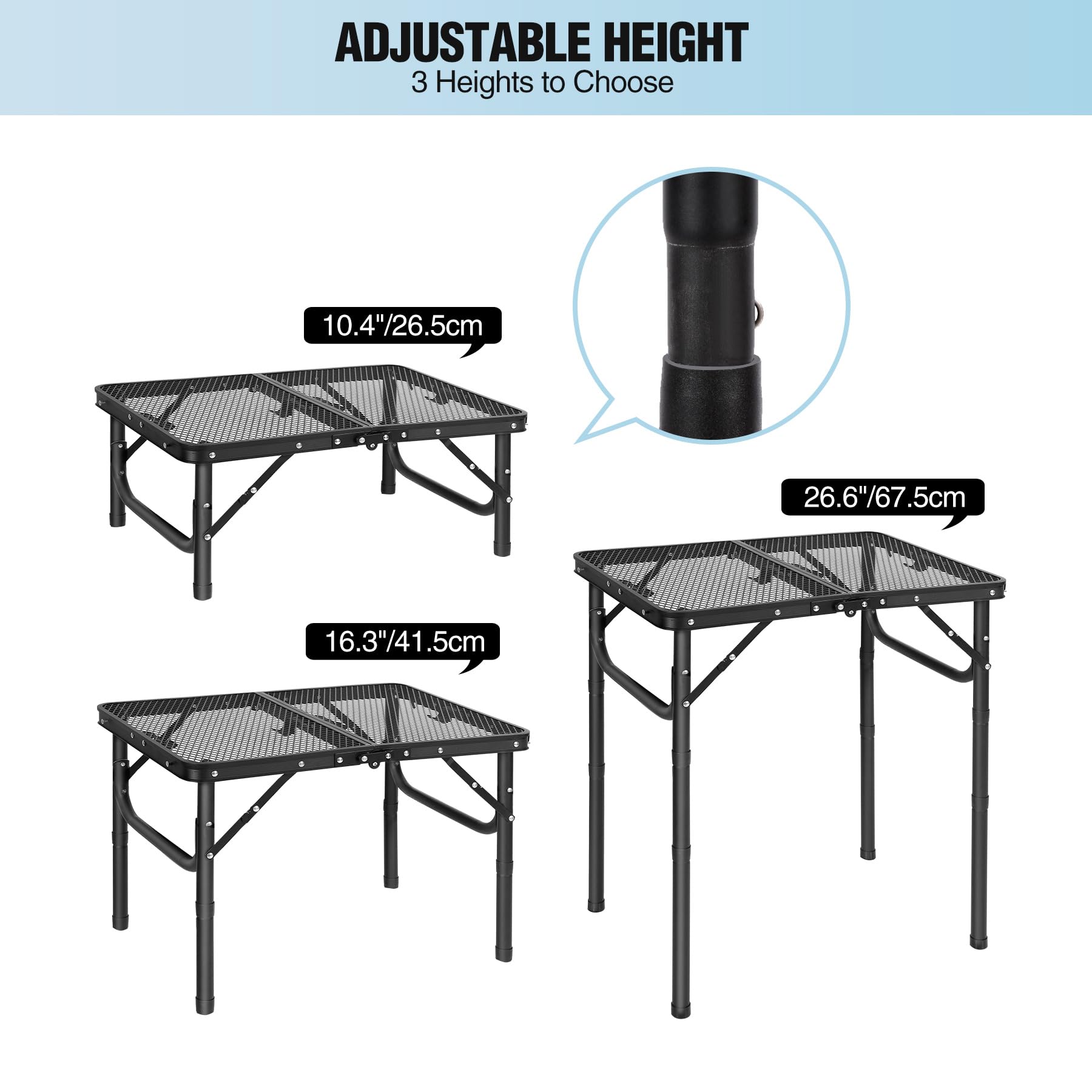 Folding Grill Table with Extra Space, Adjustable Height Portable Small Stand Table for Outdoor Indoor Camping Picnic BBQ, Black with Side Table