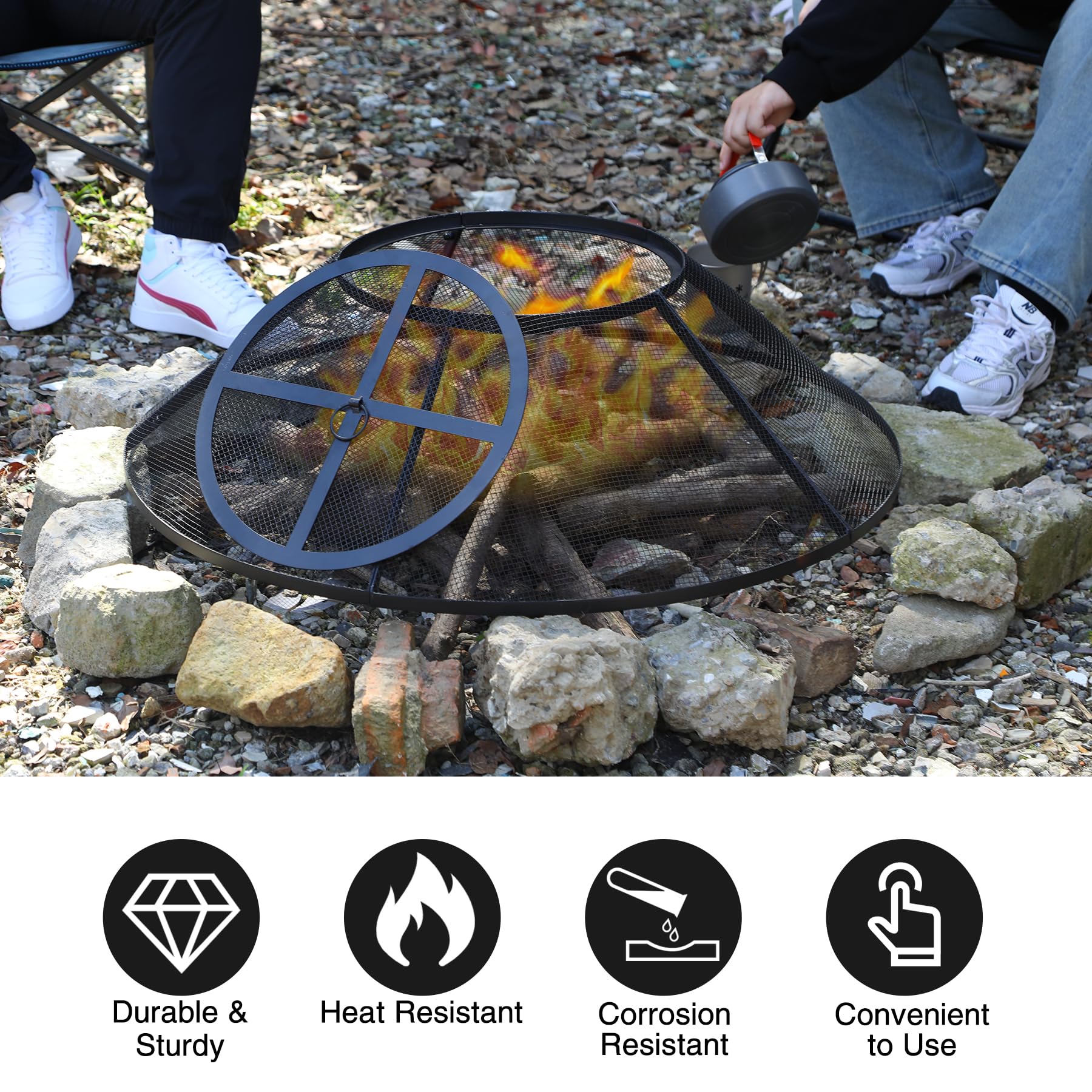 30" Fire Pit Spark Screen with Mesh Lid Cover, Handle and Poker