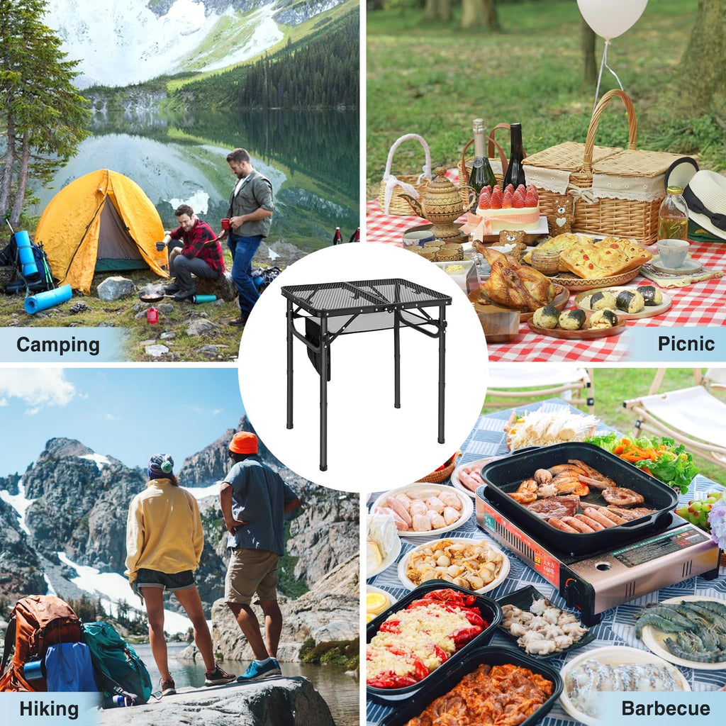 Folding Grill Table with Extra Space, Adjustable Height Portable Small Stand Table for Outdoor Indoor Camping Picnic BBQ, Black with Side Table