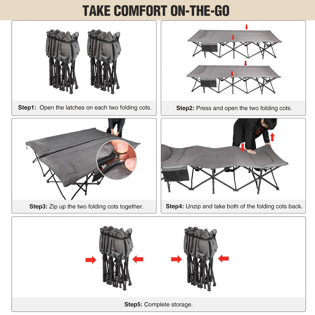 2 Person Folding Camping Cot, 59" Extra Wide with Mattress